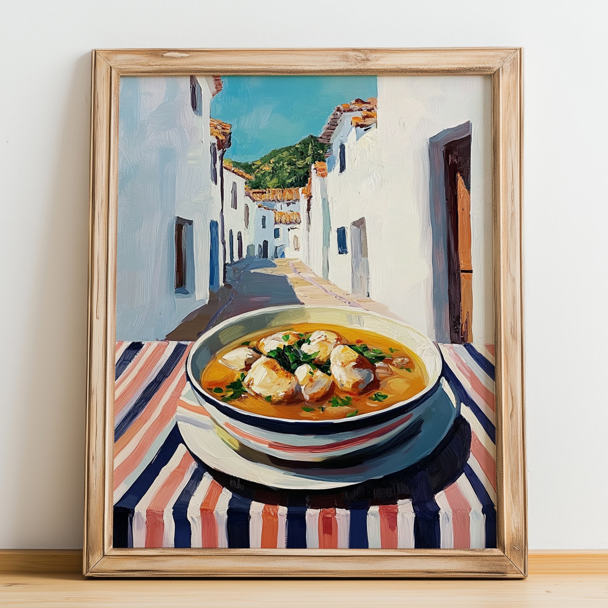 Chicken Soup – White village Urban Café Scene, American Food Painting, no-text version framed in wood