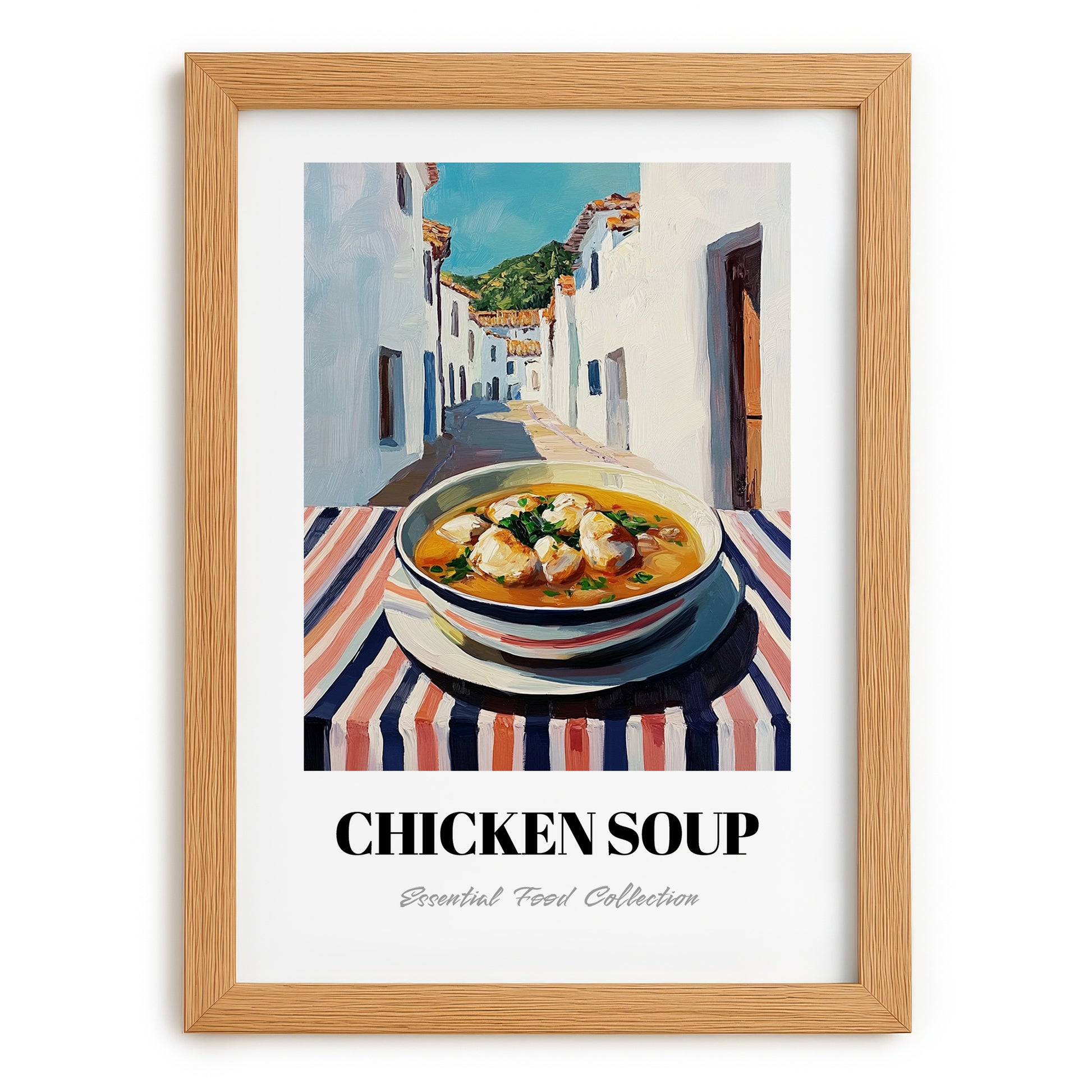 Chicken Soup – White village Urban Café Scene, American Food Painting, set in oak frame