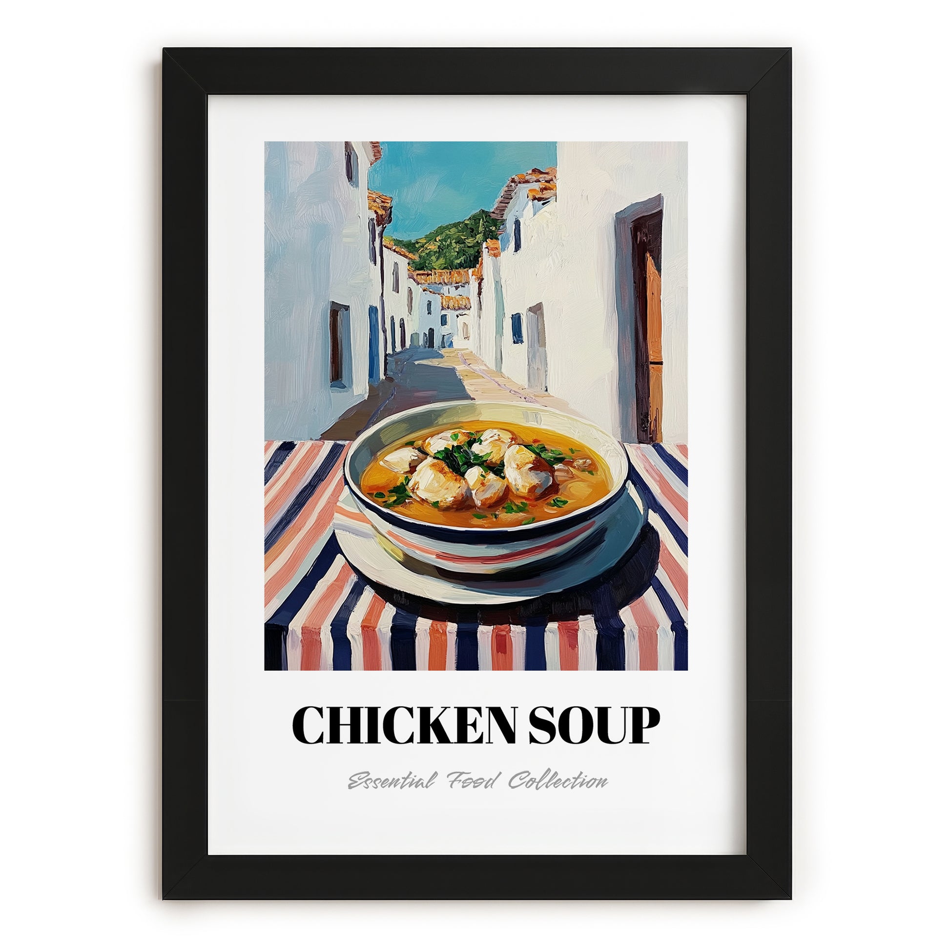 Chicken Soup – White village Urban Café Scene, American Food Painting, in sleek black frame