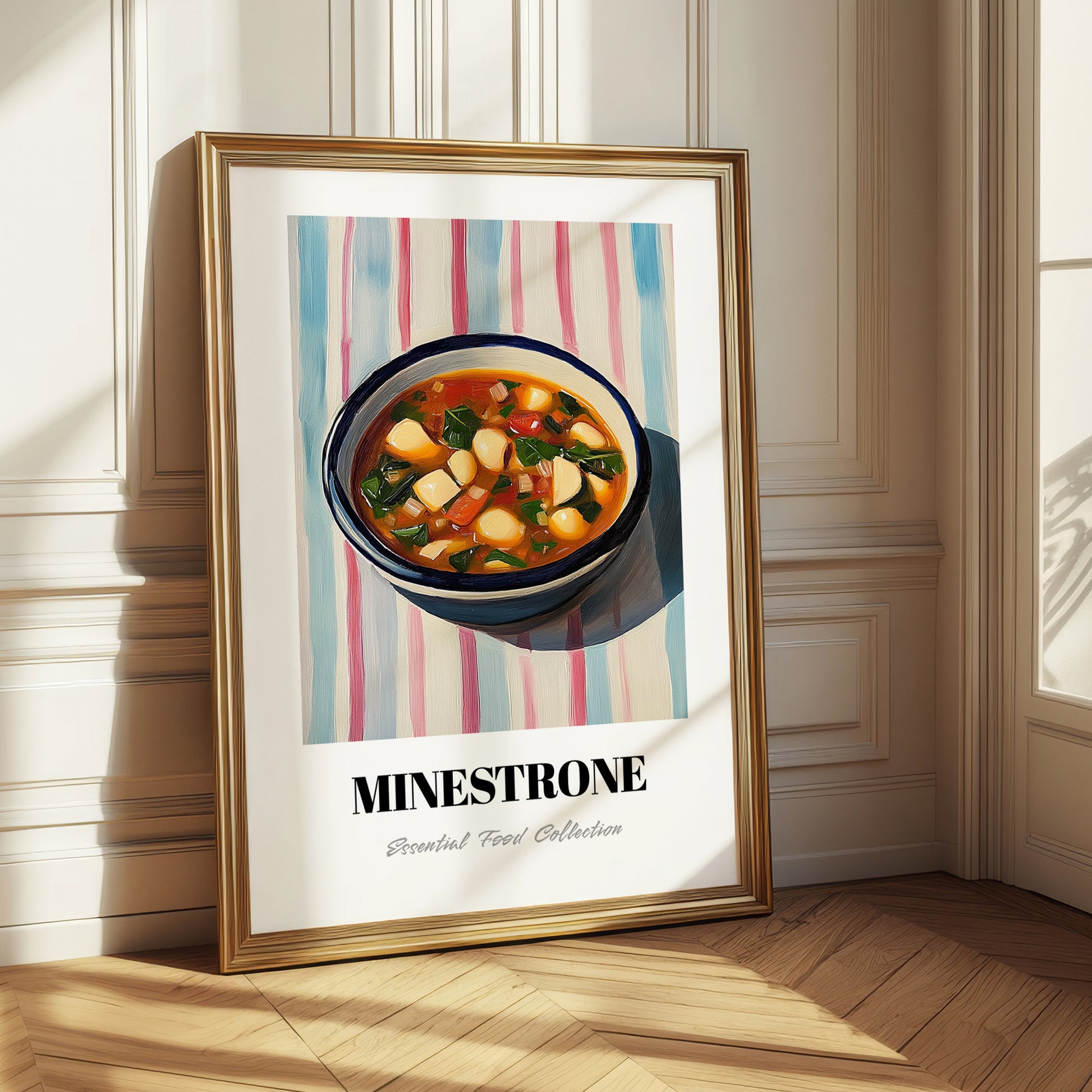 Minestrone – on Striped Tablecloth, Italian Food Wall Painting