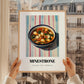 Minestrone – on Striped Tablecloth, Italian Food Wall Painting, styled in a charming Paris street view