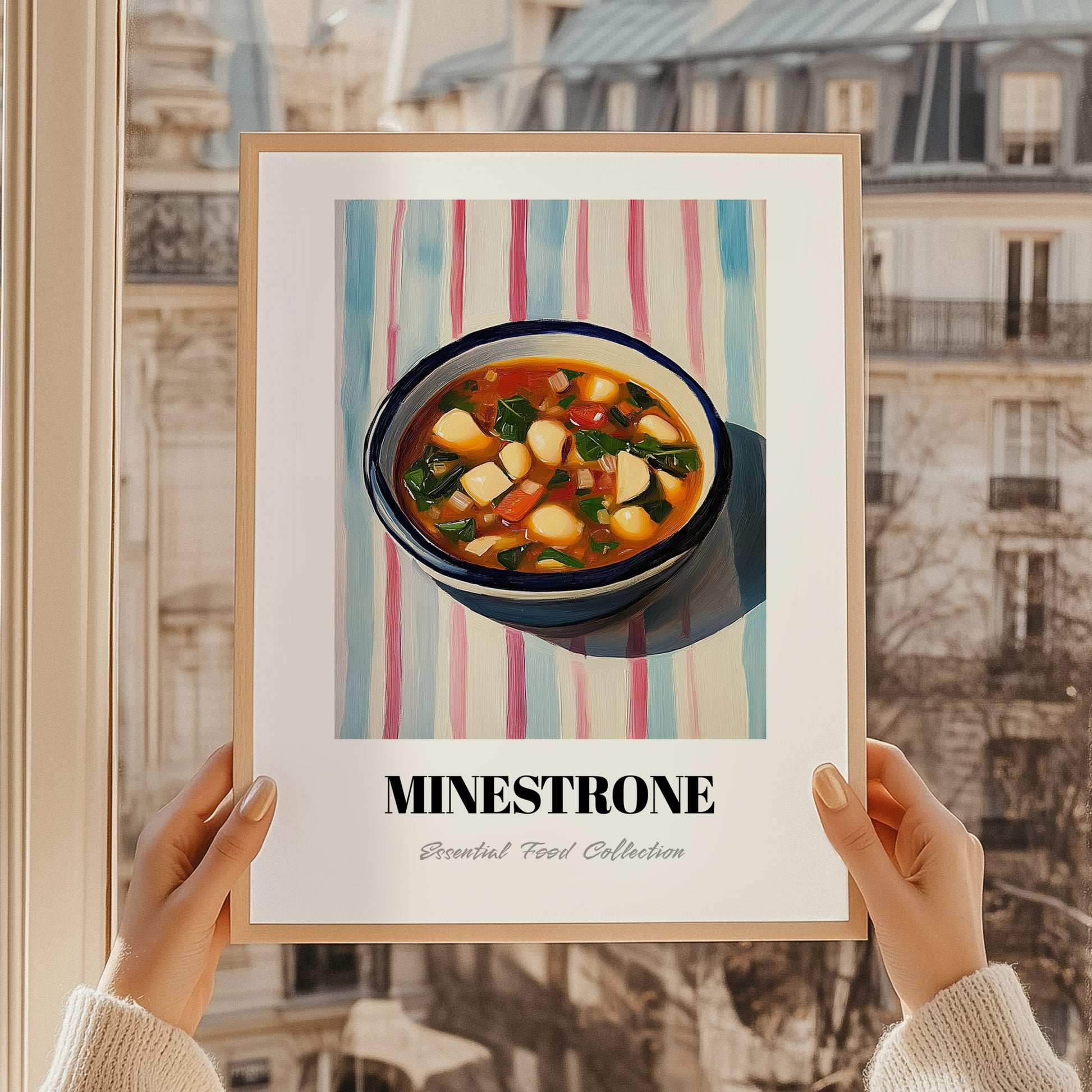 Minestrone – on Striped Tablecloth, Italian Food Wall Painting, styled in a charming Paris street view