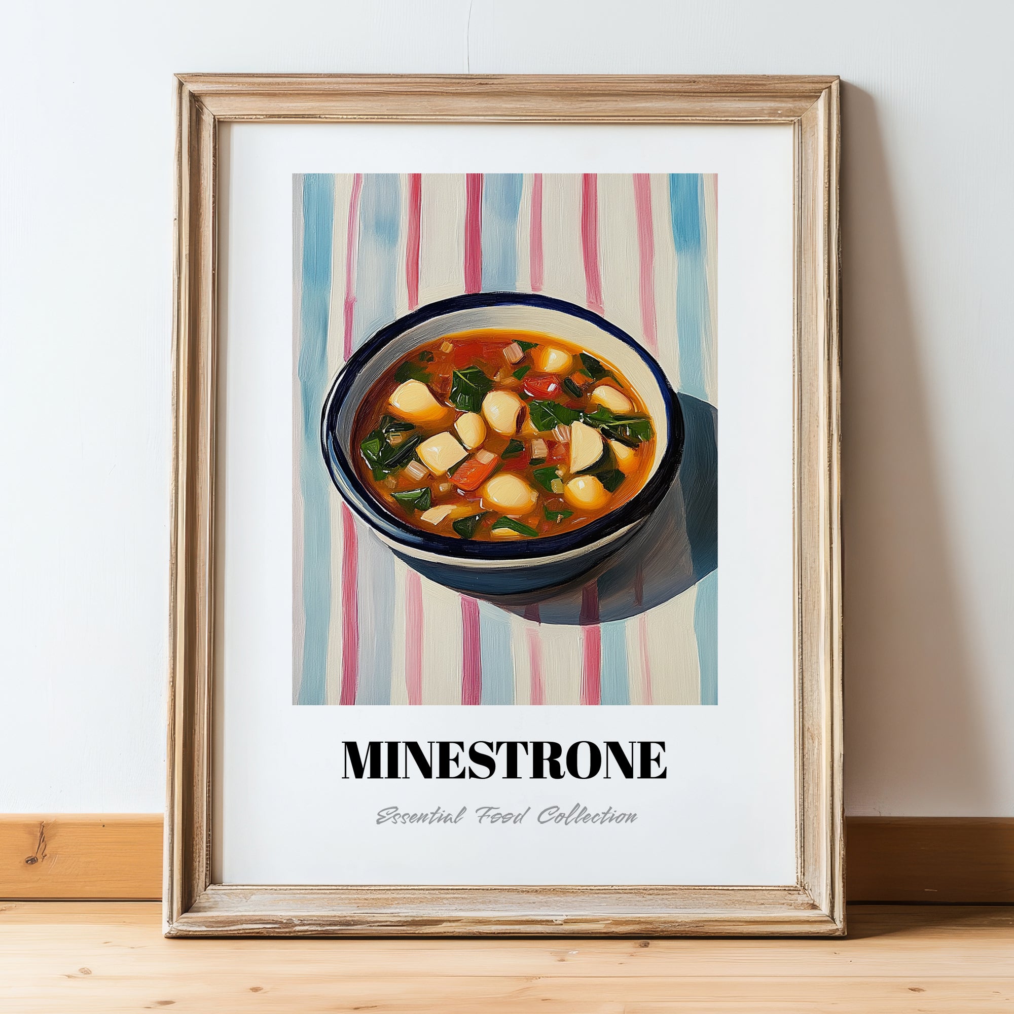 Minestrone – on Striped Tablecloth, Italian Food Wall Painting, in wooden frame leaning on the floor