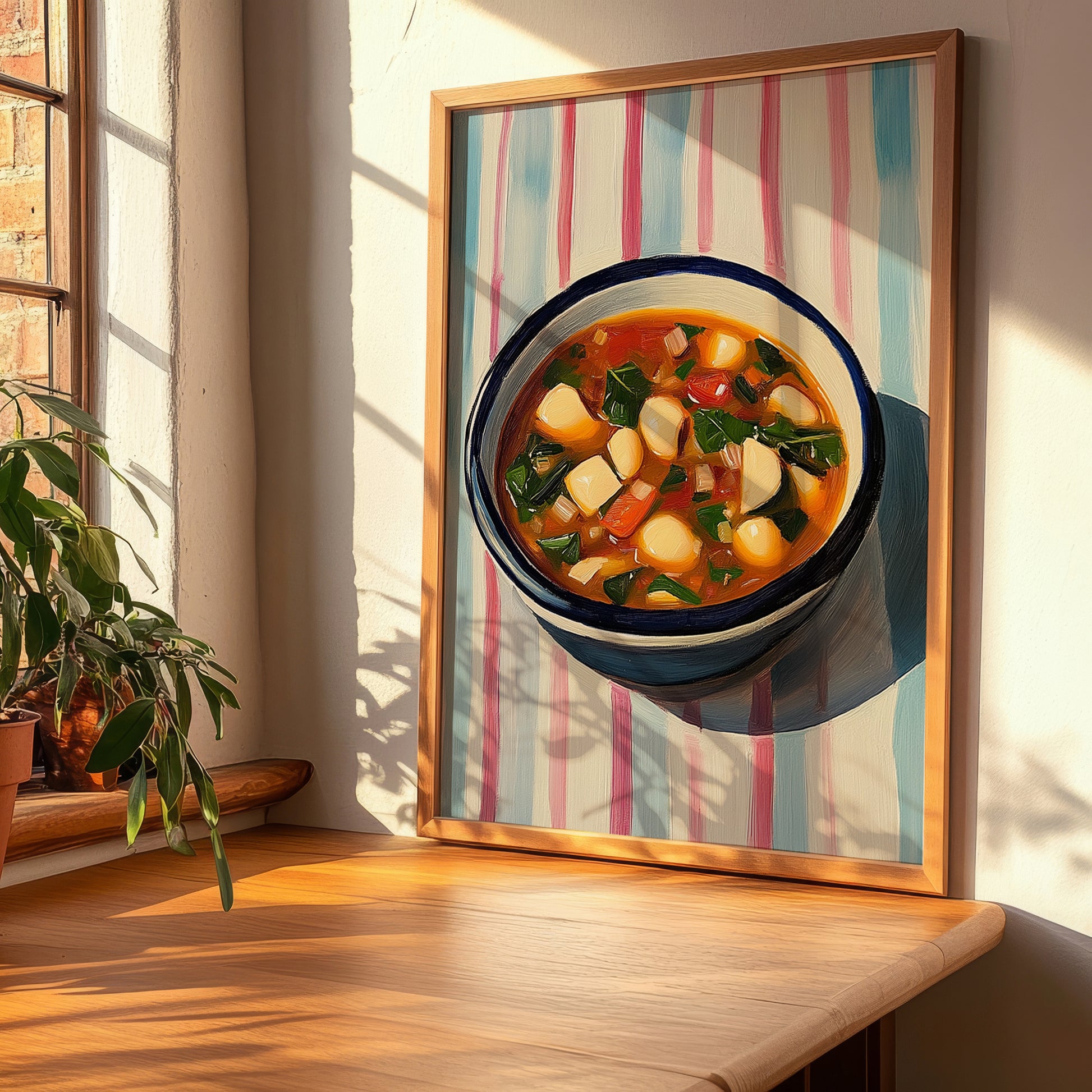 Minestrone – on Striped Tablecloth, Italian Food Wall Painting, clean layout with no caption