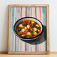 Minestrone – on Striped Tablecloth, Italian Food Wall Painting, no-text version framed in wood