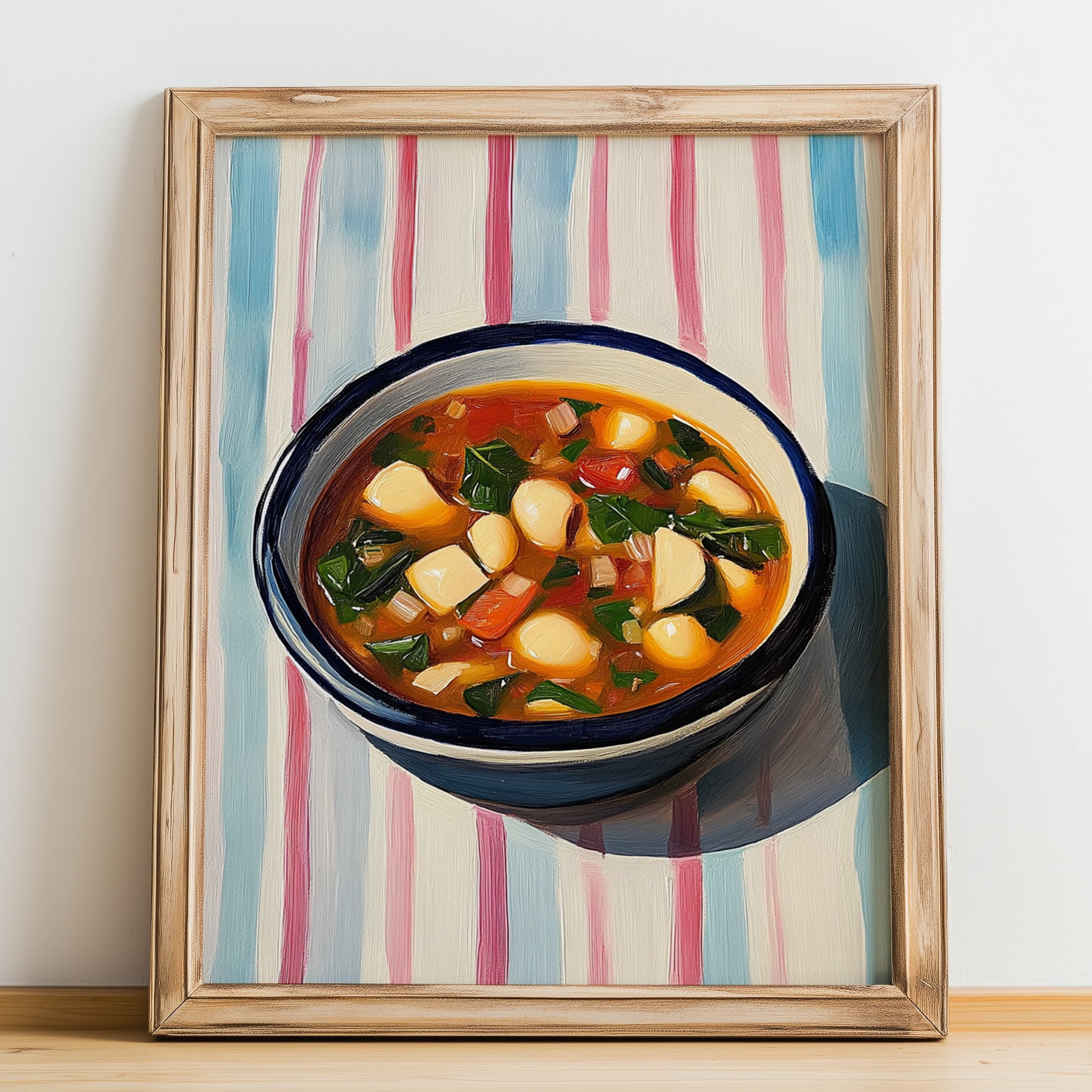 Minestrone – on Striped Tablecloth, Italian Food Wall Painting, no-text version framed in wood