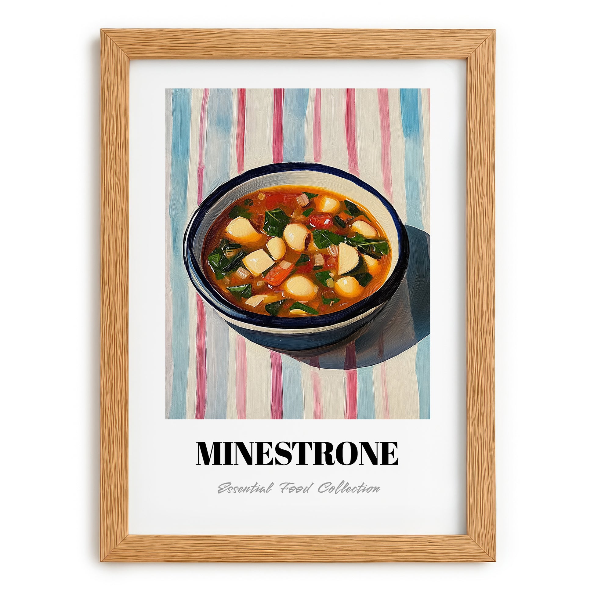 Minestrone – on Striped Tablecloth, Italian Food Wall Painting, set in oak frame