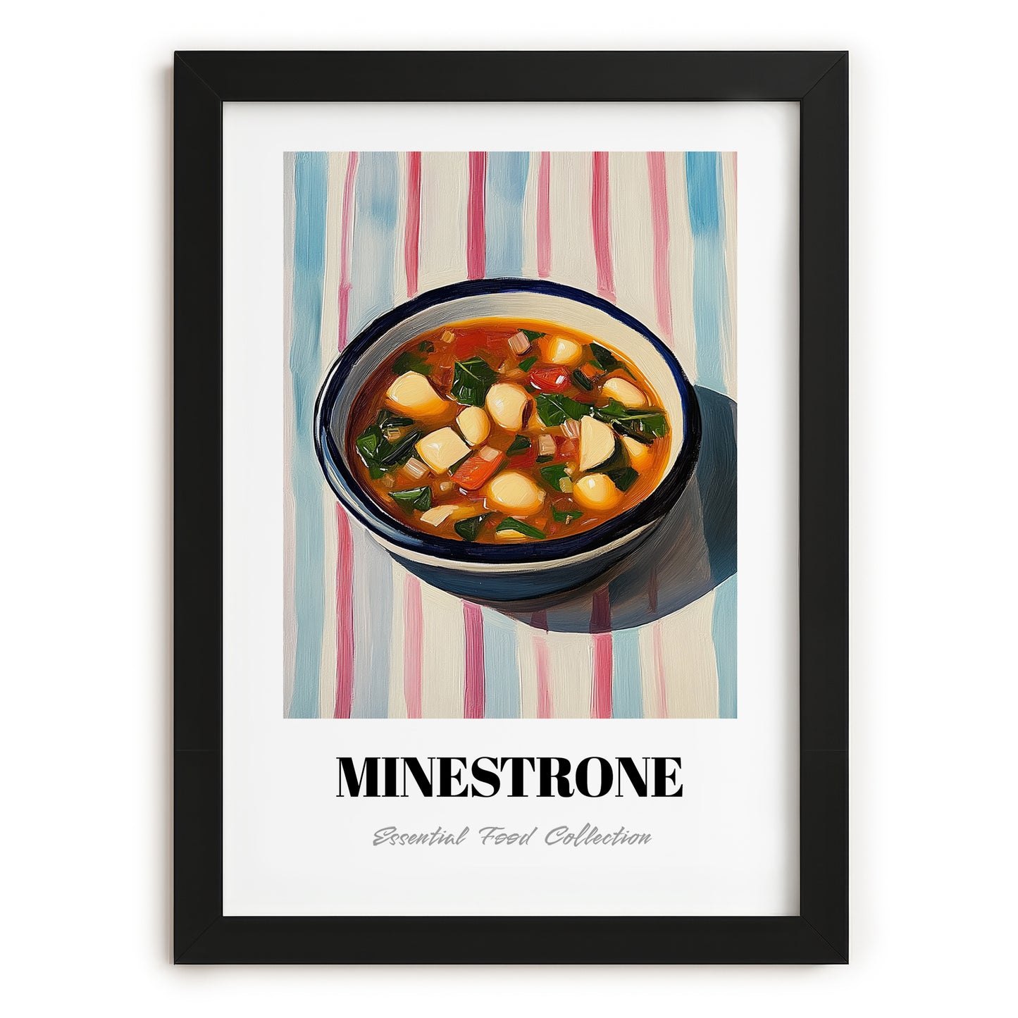 Minestrone – on Striped Tablecloth, Italian Food Wall Painting, in sleek black frame