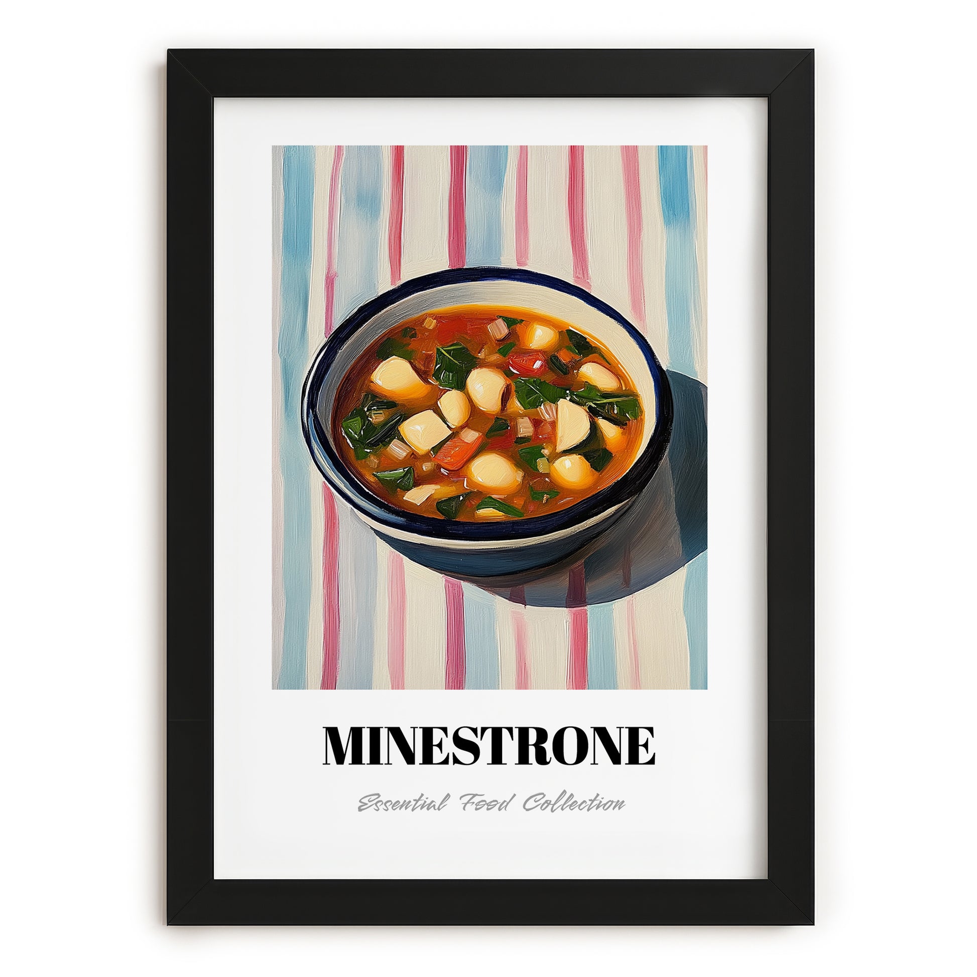 Minestrone – on Striped Tablecloth, Italian Food Wall Painting, in sleek black frame