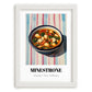 Minestrone – on Striped Tablecloth, Italian Food Wall Painting, placed in minimal white frame