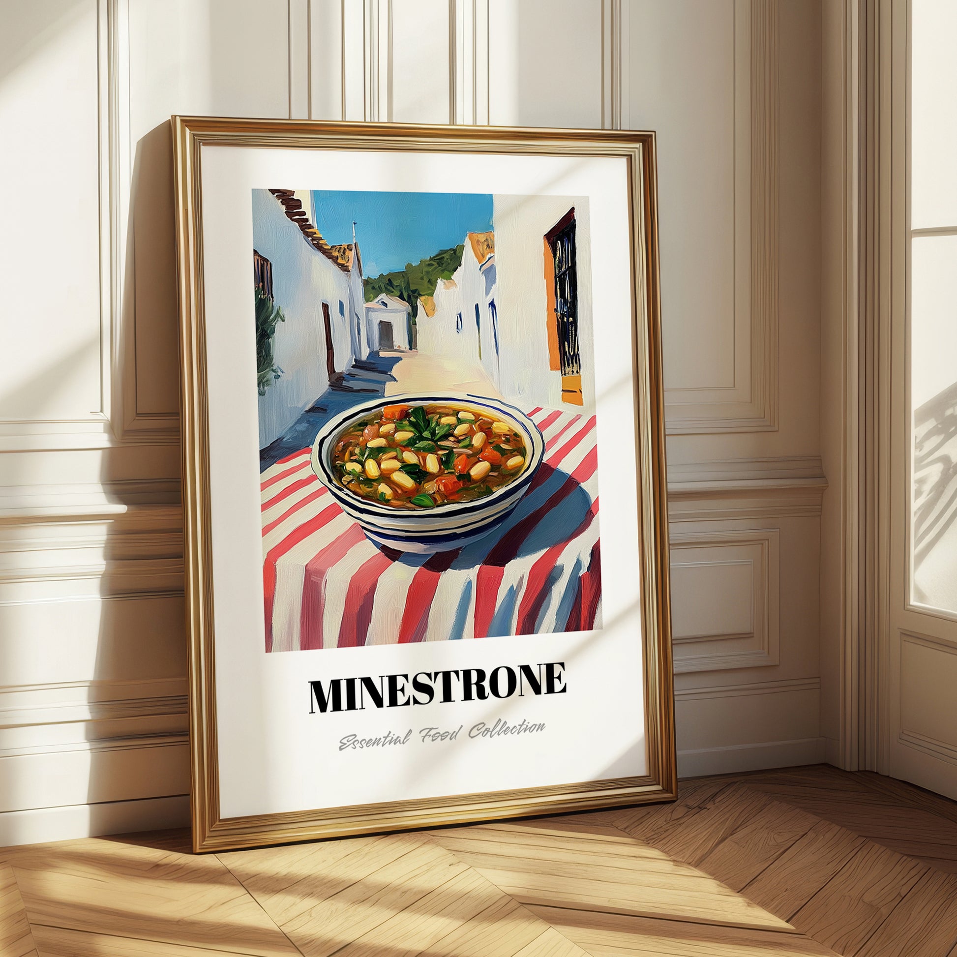 Minestrone – White village Street Café Scene, Italian Food Art