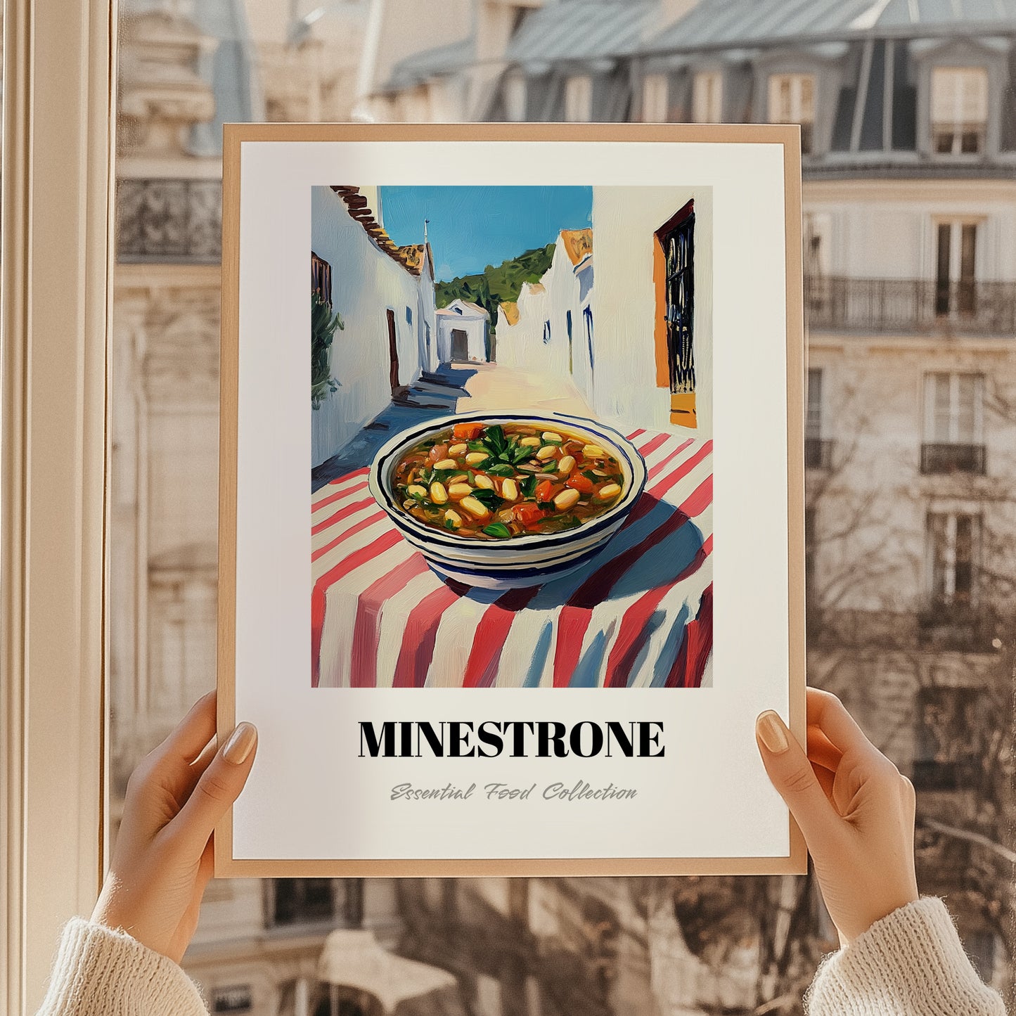 Minestrone – White village Street Café Scene, Italian Food Art, styled in a charming Paris street view