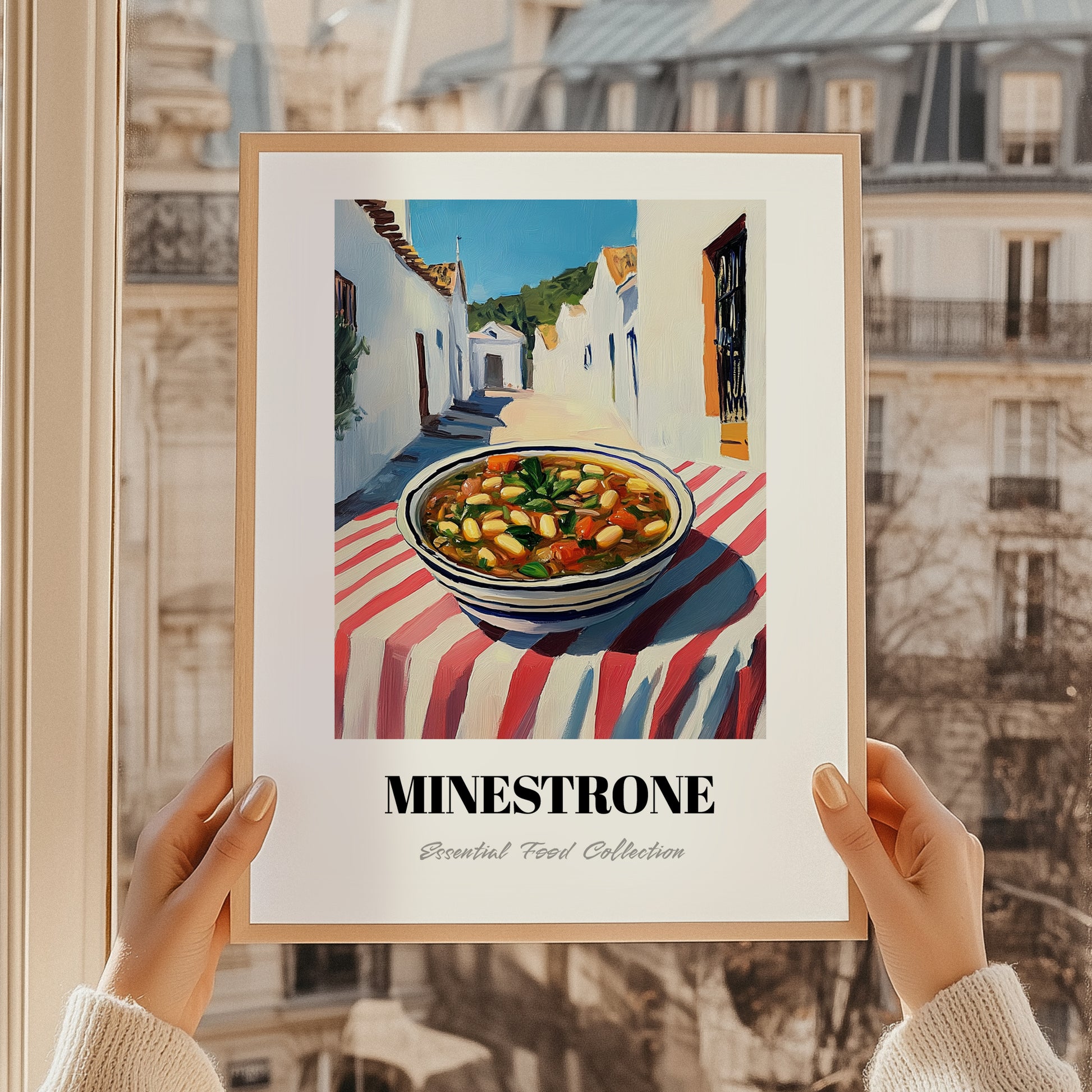 Minestrone – White village Street Café Scene, Italian Food Art, styled in a charming Paris street view