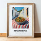Minestrone – White village Street Café Scene, Italian Food Art, in wooden frame leaning on the floor