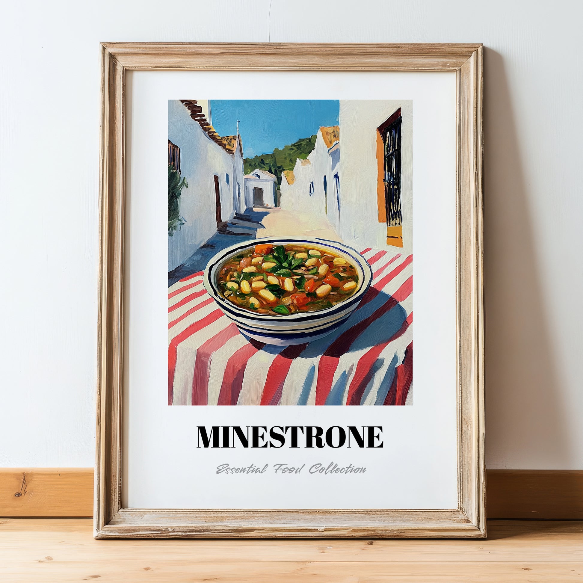 Minestrone – White village Street Café Scene, Italian Food Art, in wooden frame leaning on the floor