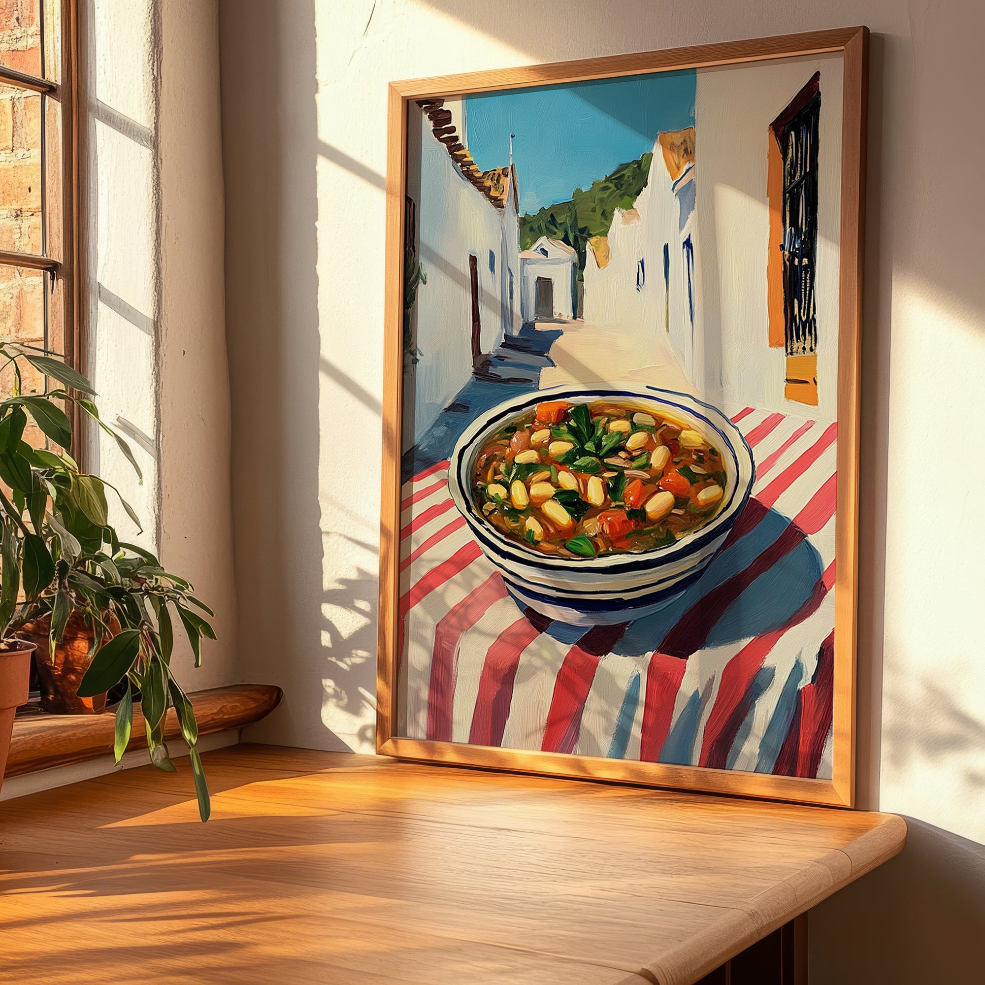 Minestrone – White village Street Café Scene, Italian Food Art, clean layout with no caption