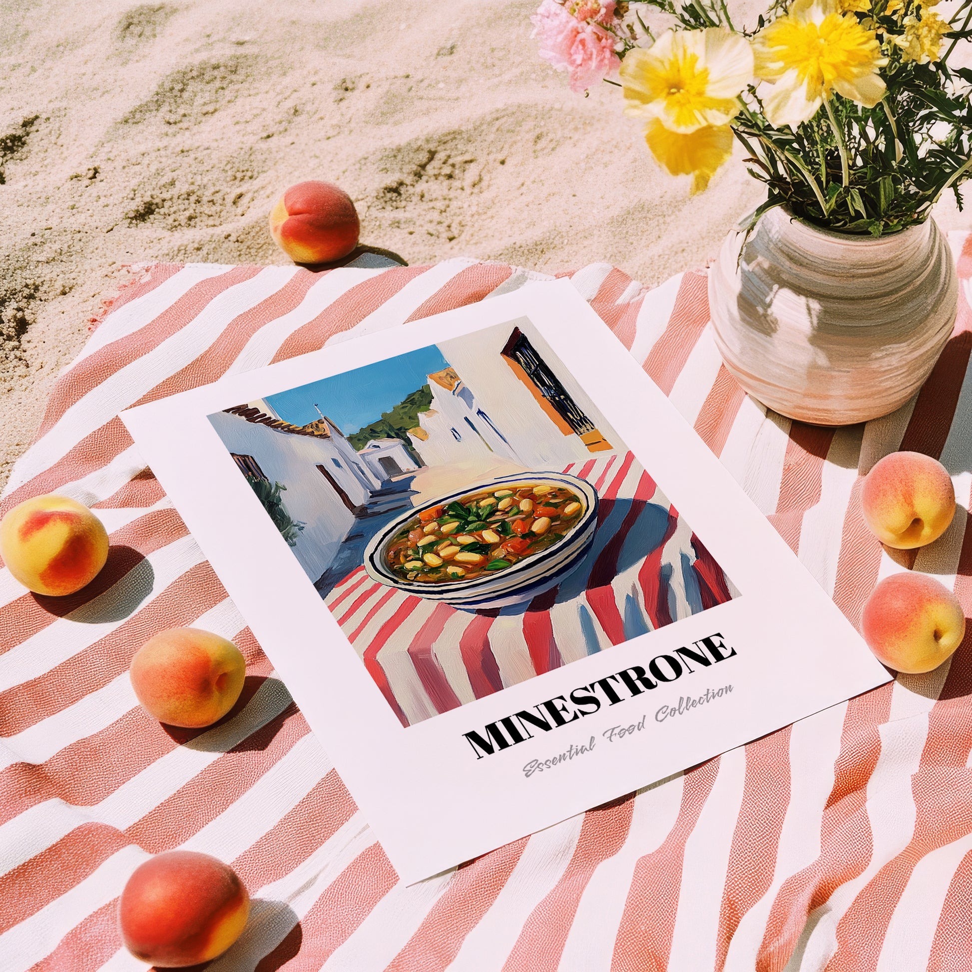 Minestrone – White village Street Café Scene, Italian Food Art, unframed on coastal sand
