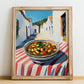 Minestrone – White village Street Café Scene, Italian Food Art, no-text version framed in wood