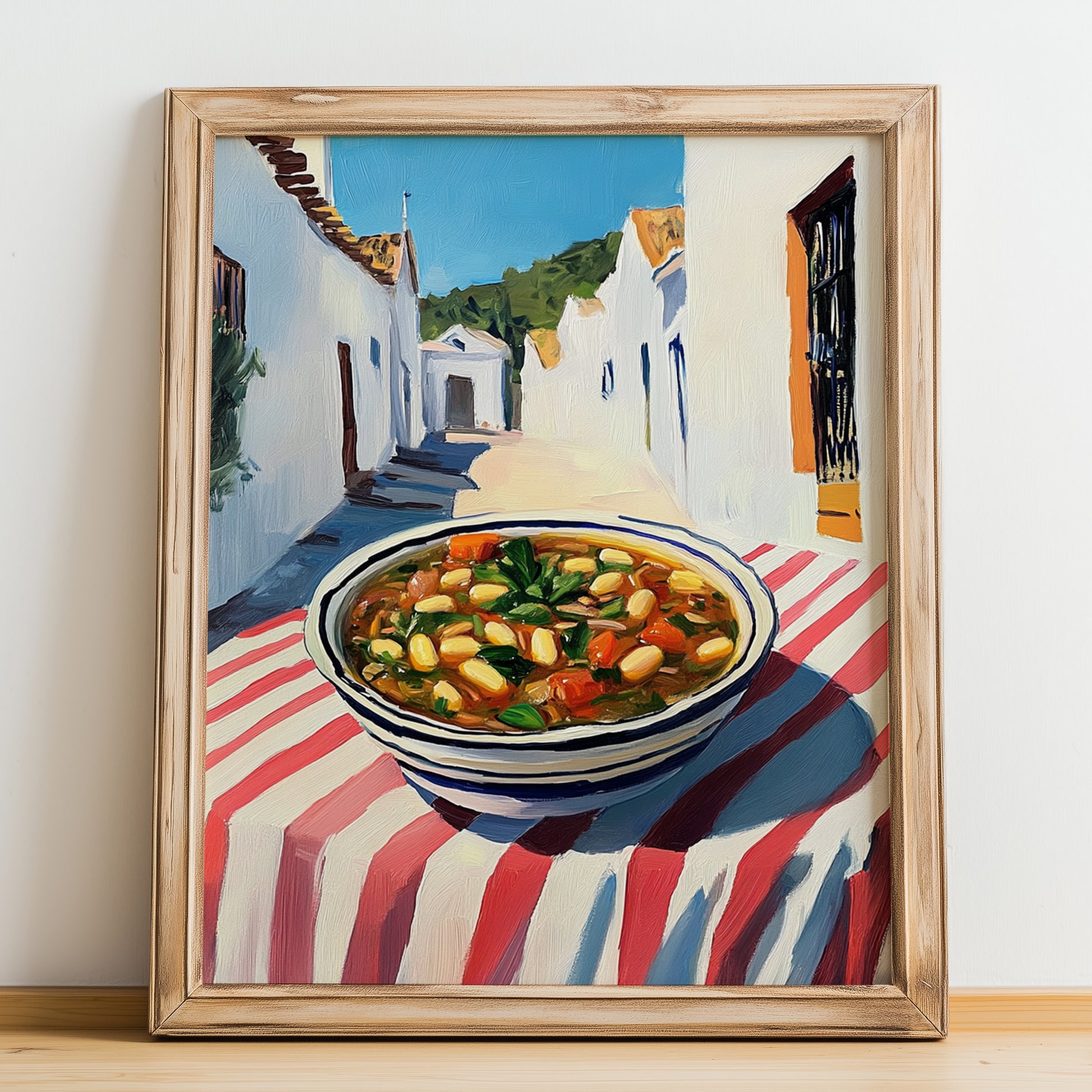 Minestrone – White village Street Café Scene, Italian Food Art, no-text version framed in wood