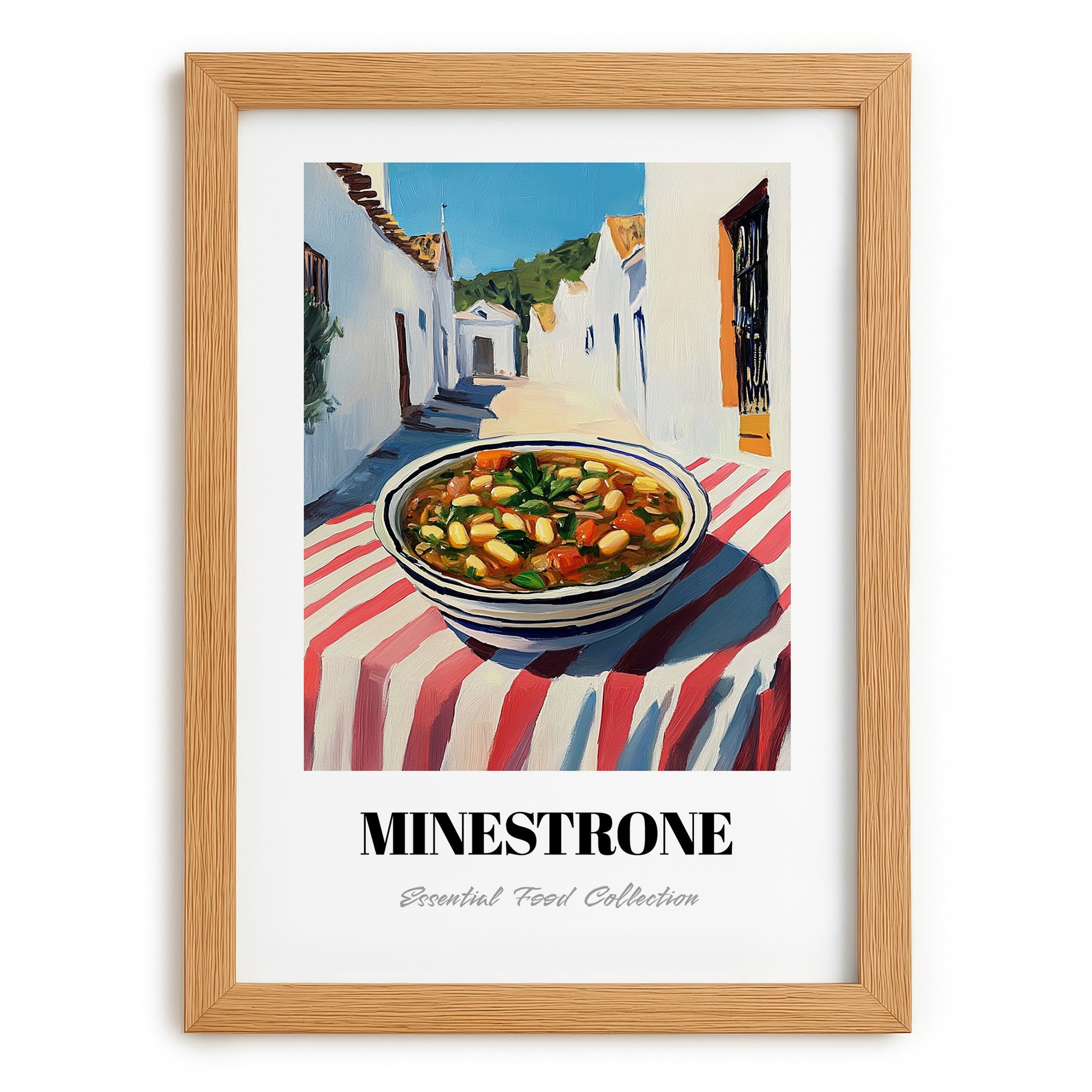 Minestrone – White village Street Café Scene, Italian Food Art, set in oak frame
