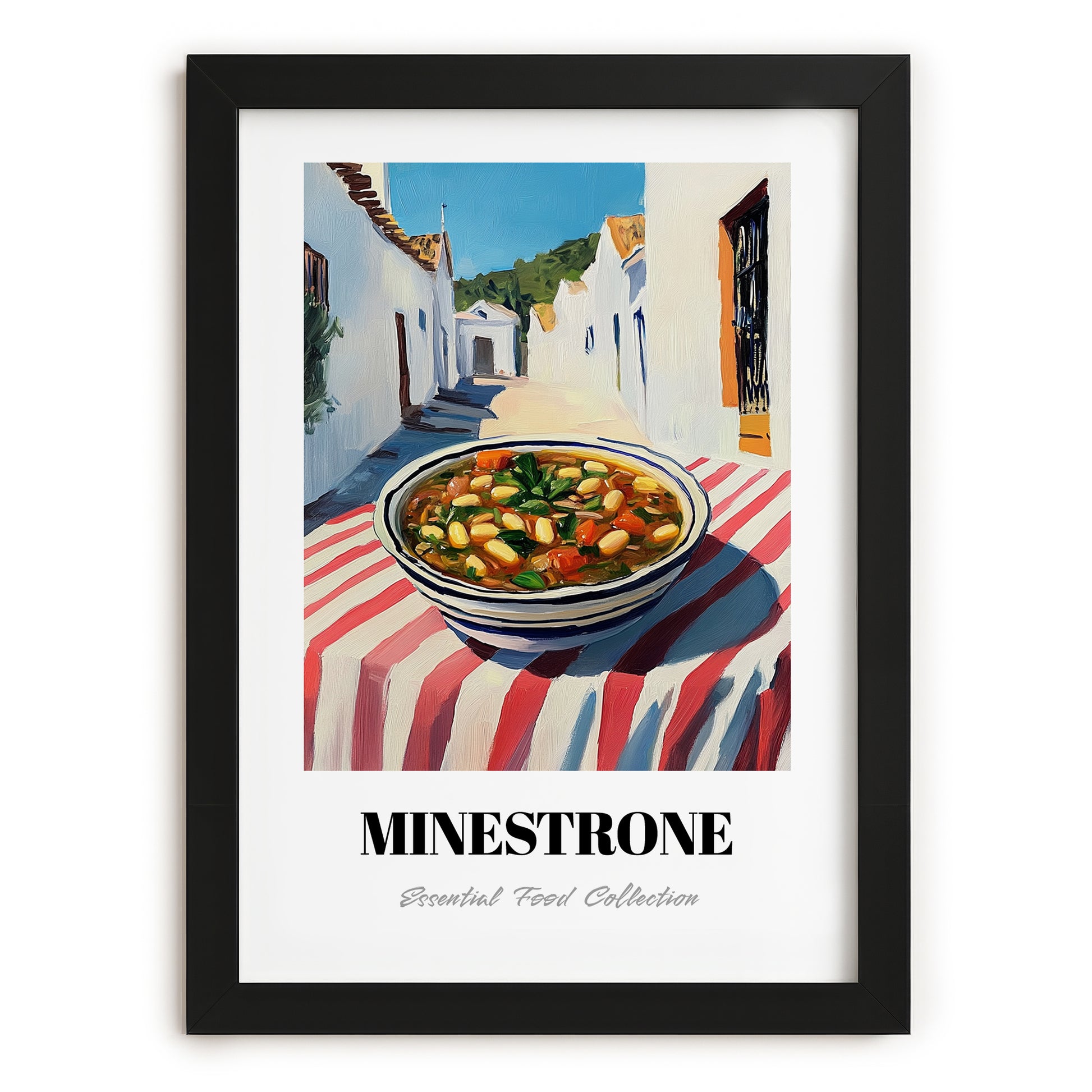 Minestrone – White village Street Café Scene, Italian Food Art, in sleek black frame