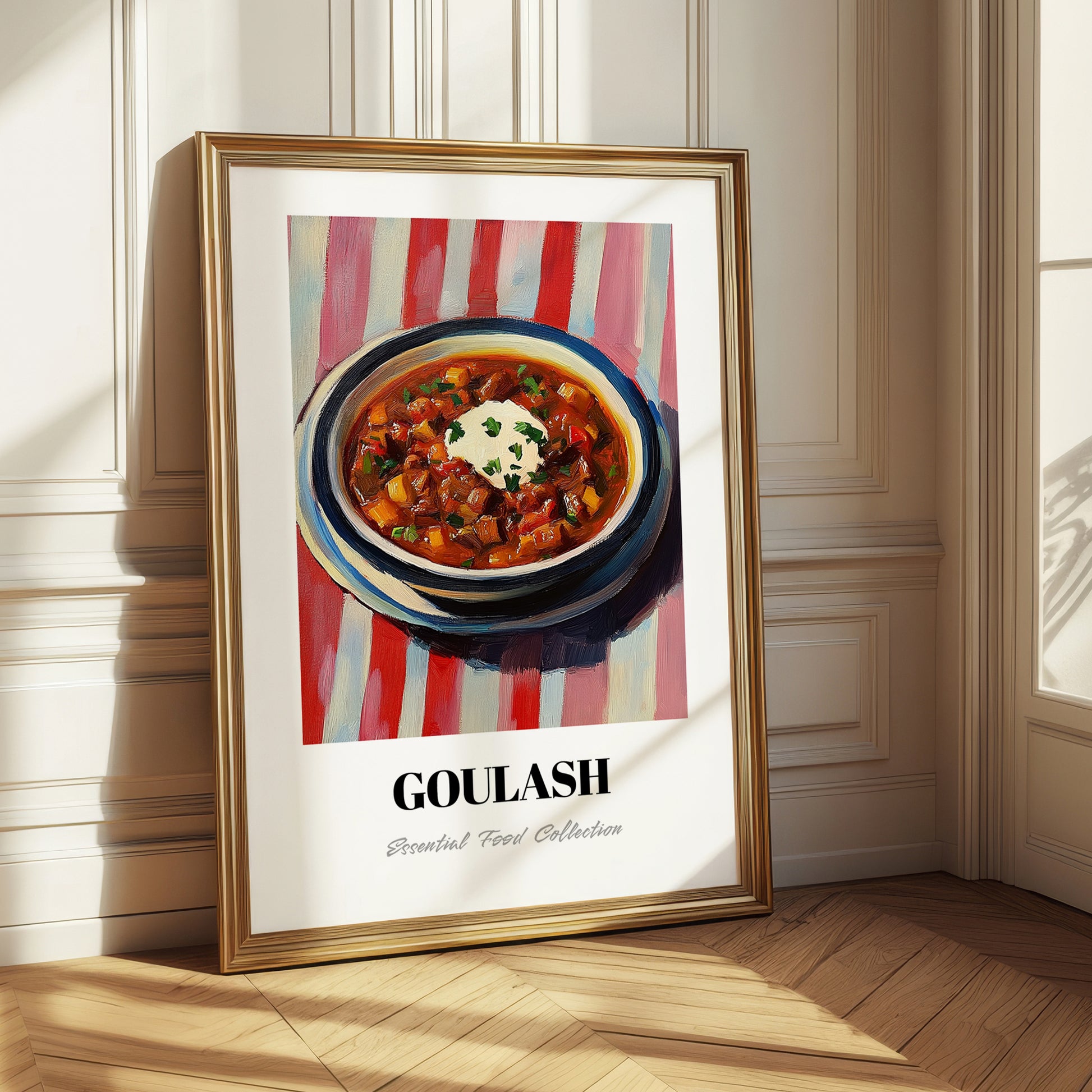Goulash – on Striped Tablecloth, Hungarian Food Painting