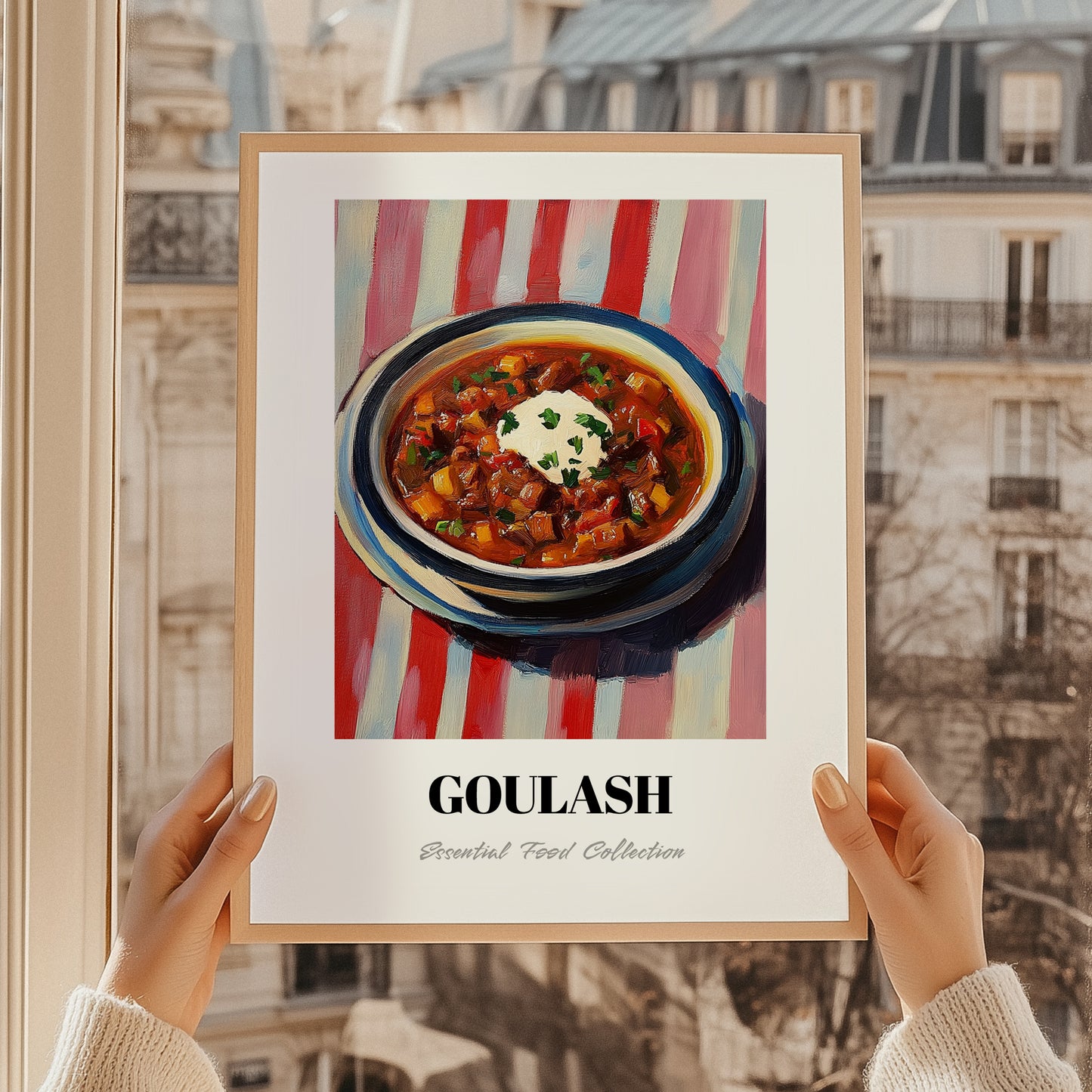 Goulash – on Striped Tablecloth, Hungarian Food Painting, styled in a charming Paris street view