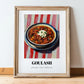 Goulash – on Striped Tablecloth, Hungarian Food Painting, in wooden frame leaning on the floor