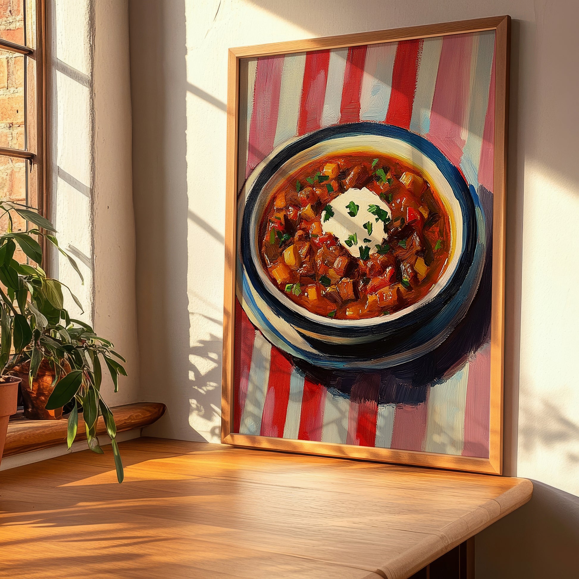 Goulash – on Striped Tablecloth, Hungarian Food Painting, clean layout with no caption