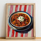 Goulash – on Striped Tablecloth, Hungarian Food Painting, no-text version framed in wood
