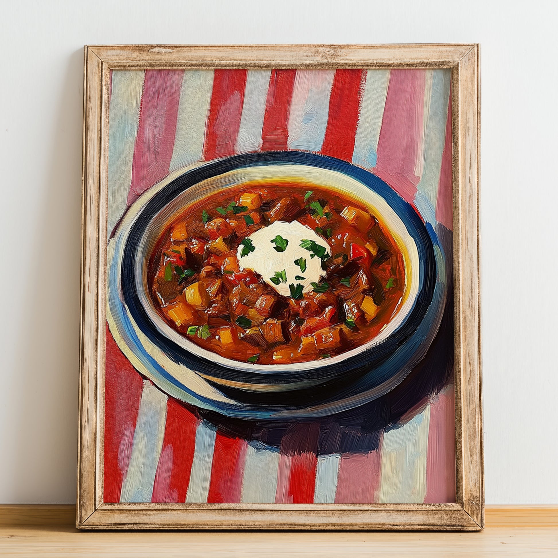 Goulash – on Striped Tablecloth, Hungarian Food Painting, no-text version framed in wood