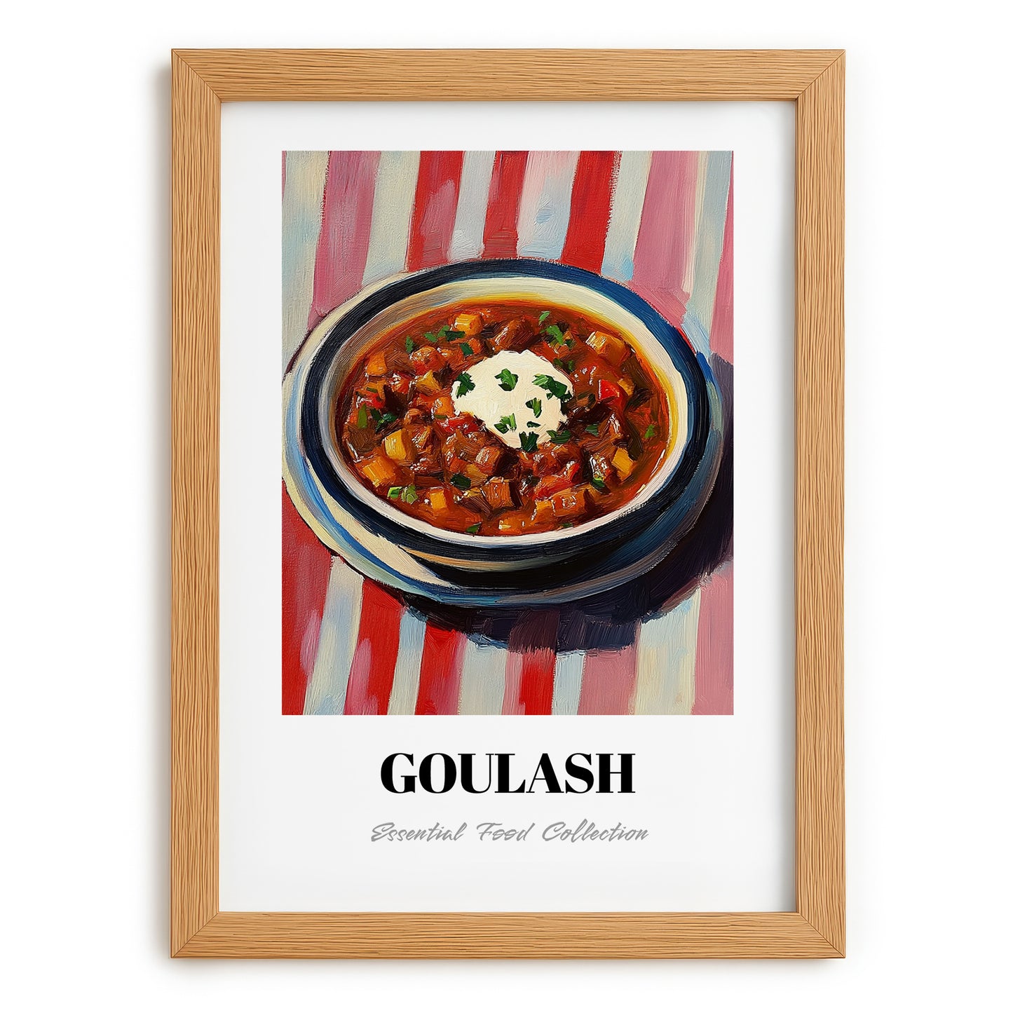 Goulash – on Striped Tablecloth, Hungarian Food Painting, set in oak frame
