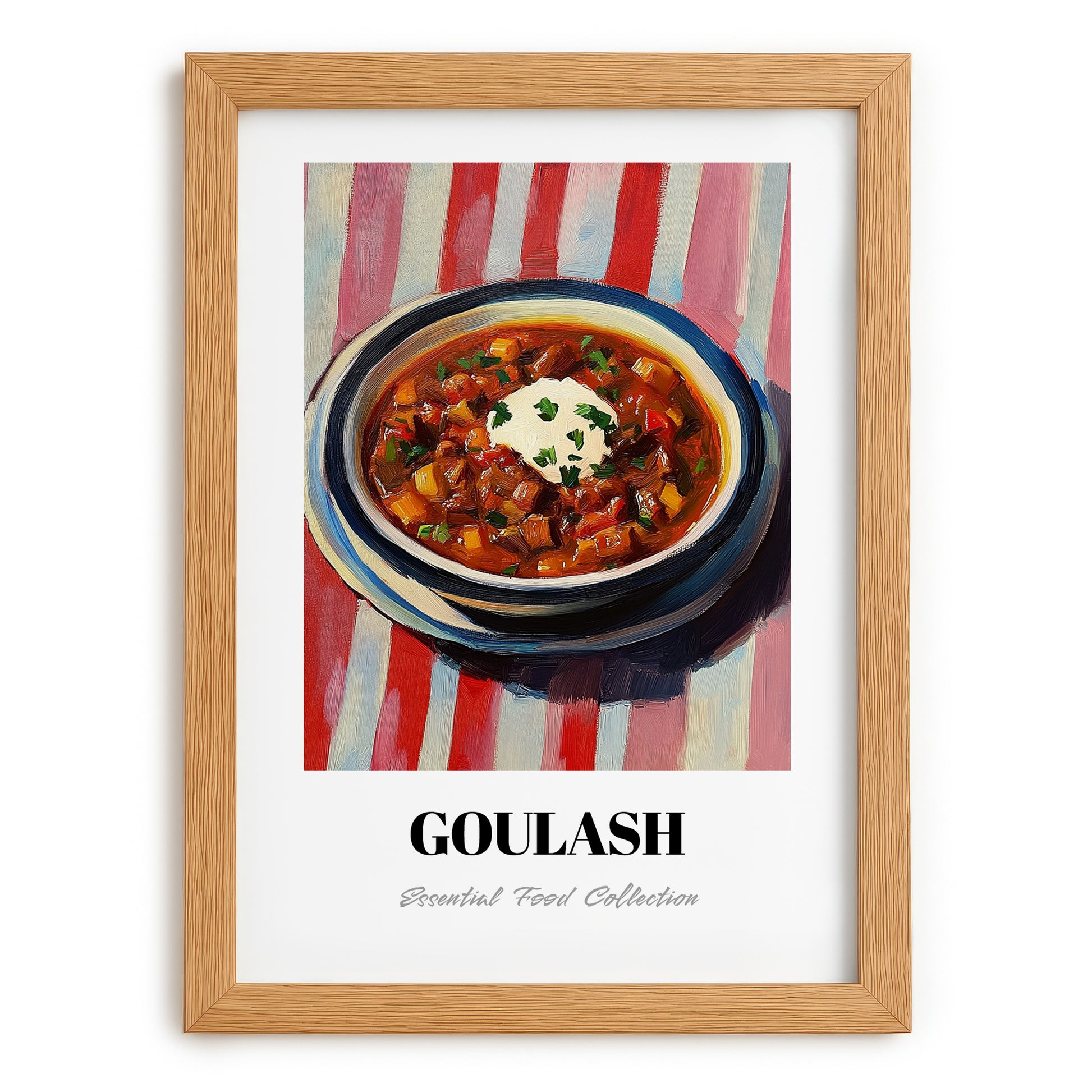 Goulash – on Striped Tablecloth, Hungarian Food Painting, set in oak frame