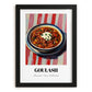Goulash – on Striped Tablecloth, Hungarian Food Painting, in sleek black frame