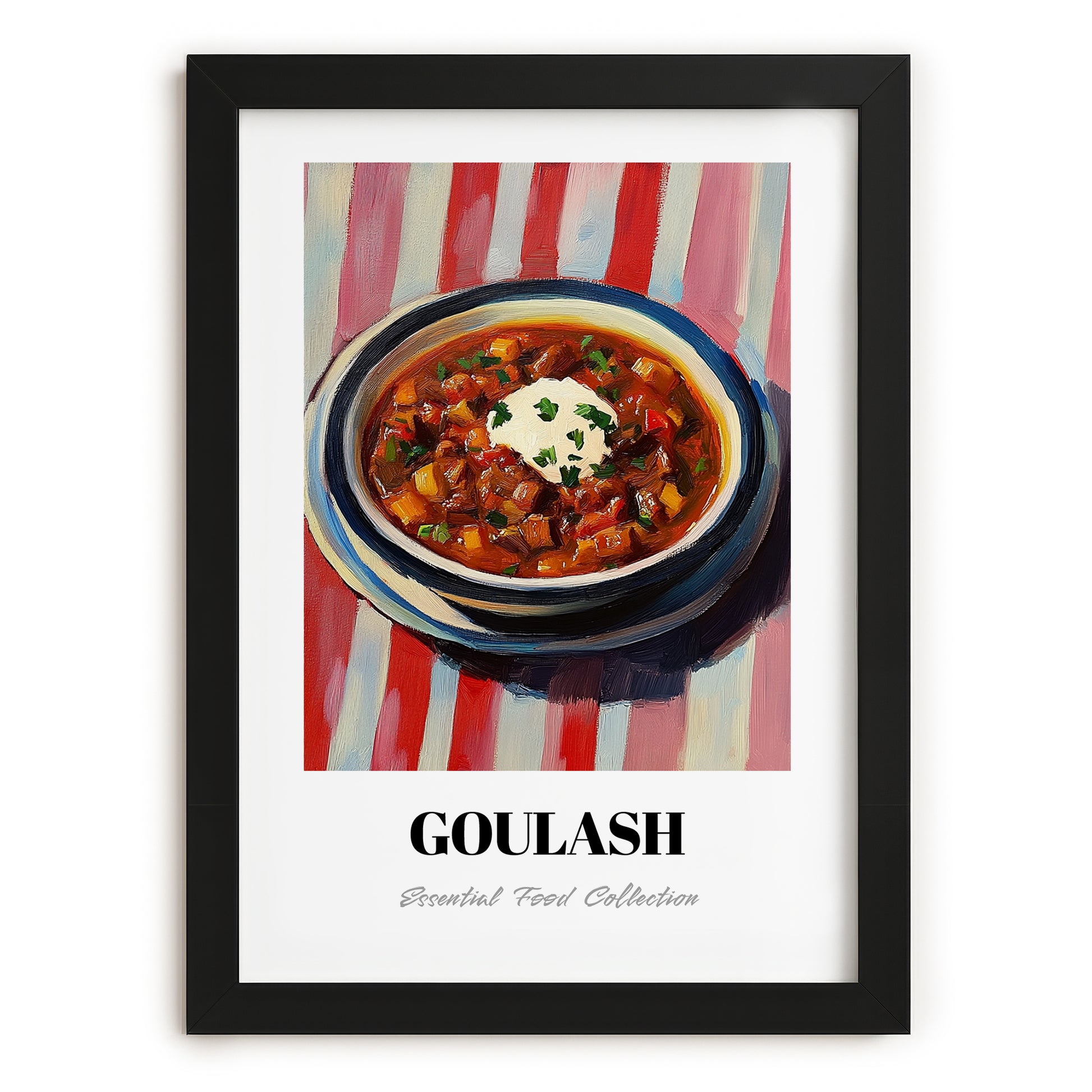 Goulash – on Striped Tablecloth, Hungarian Food Painting, in sleek black frame