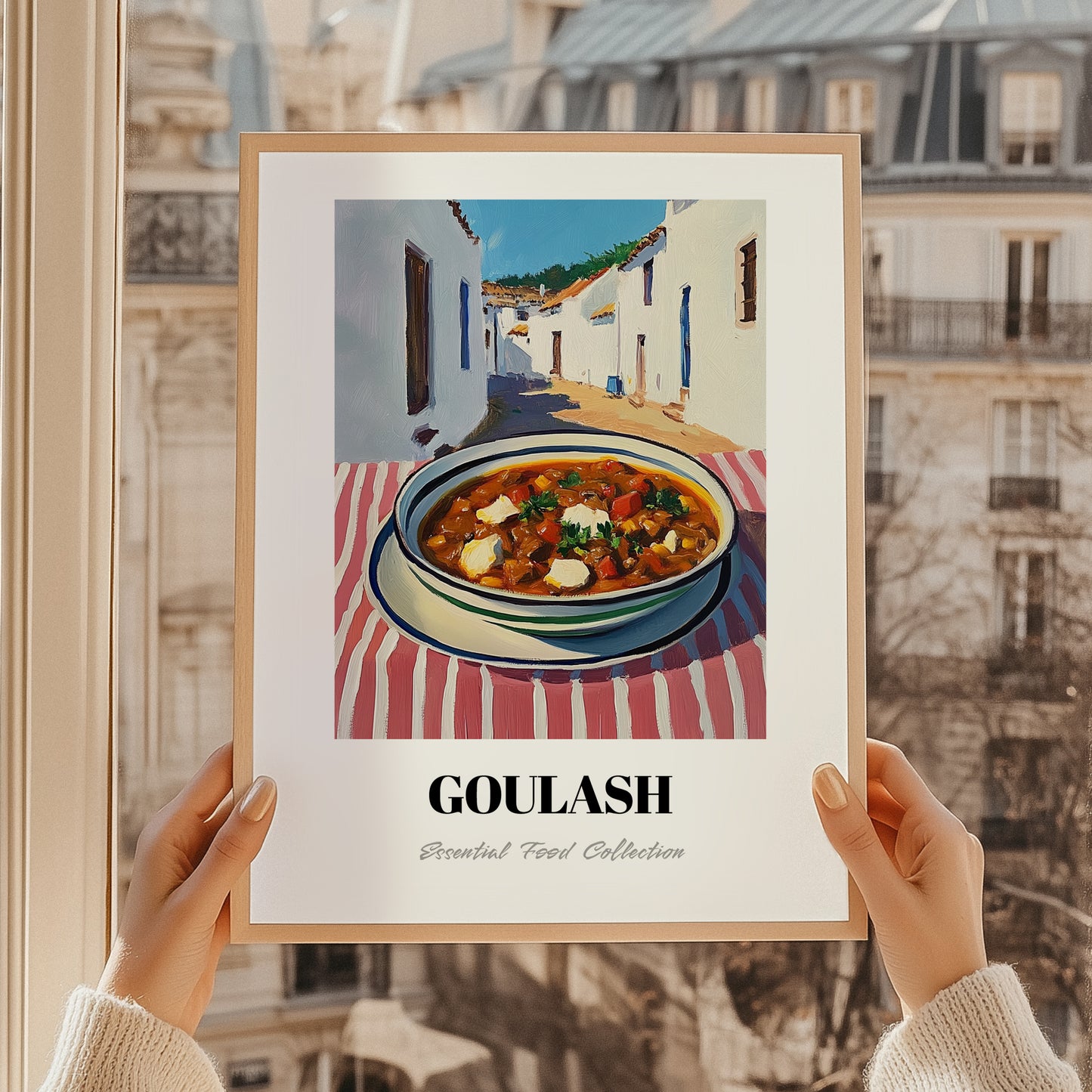 Goulash – White village Urban Café Scene, Hungarian Food Illustration, styled in a charming Paris street view