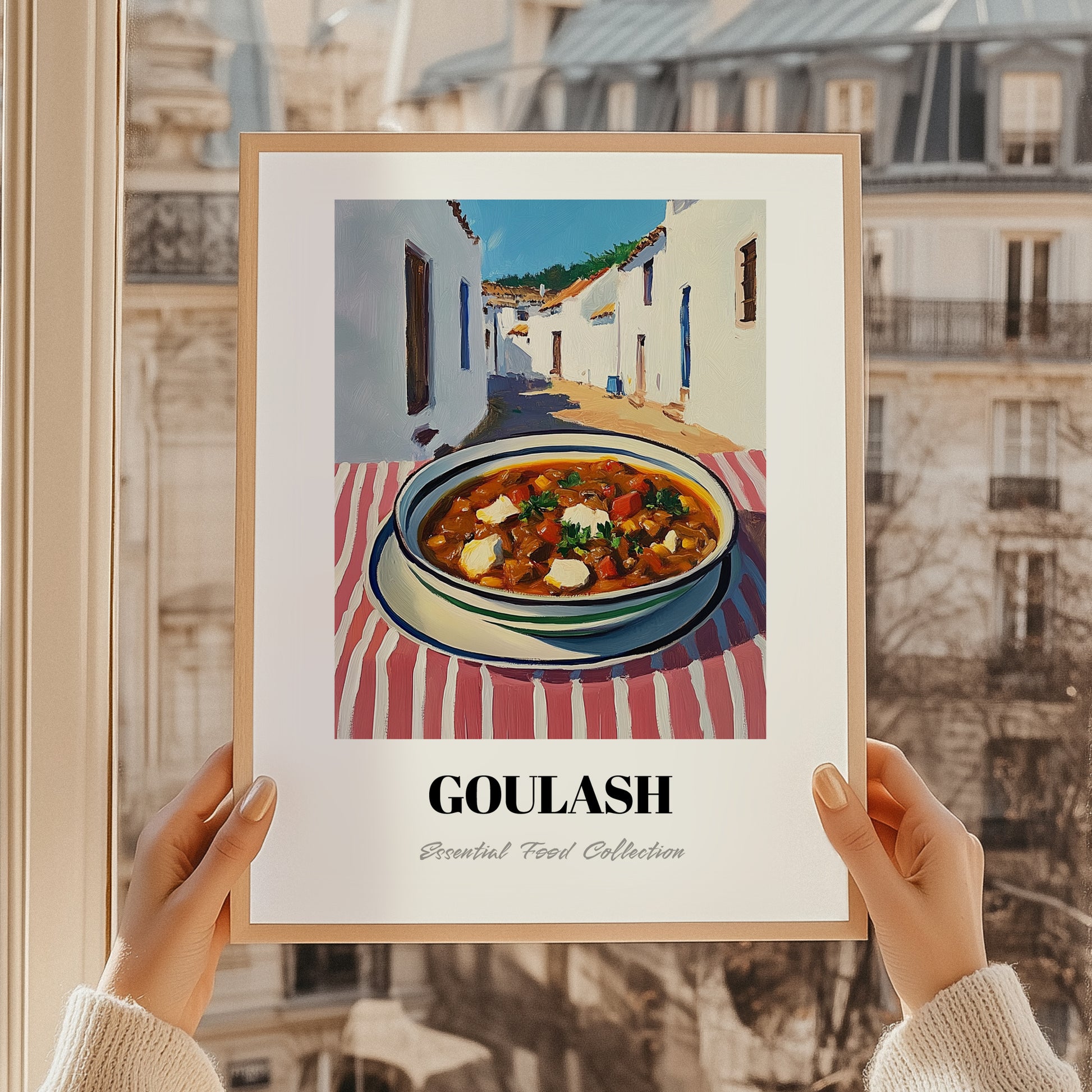 Goulash – White village Urban Café Scene, Hungarian Food Illustration, styled in a charming Paris street view