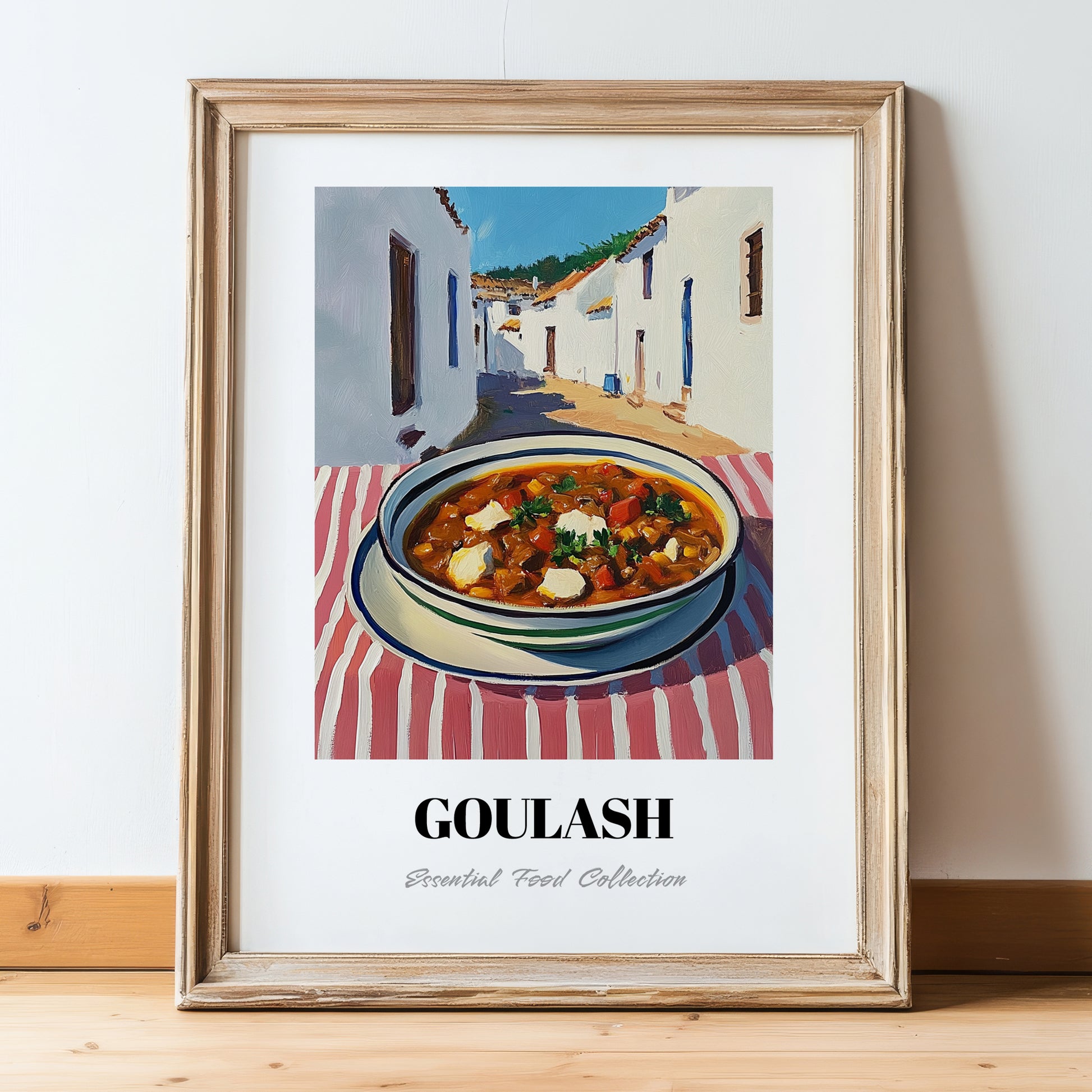 Goulash – White village Urban Café Scene, Hungarian Food Illustration, in wooden frame leaning on the floor