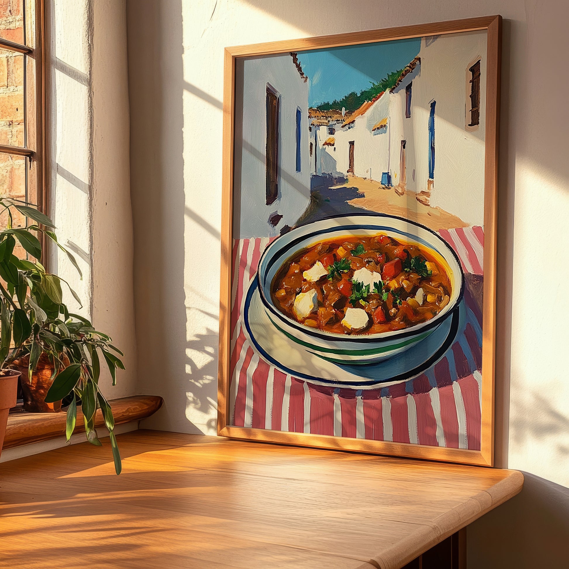Goulash – White village Urban Café Scene, Hungarian Food Illustration, clean layout with no caption