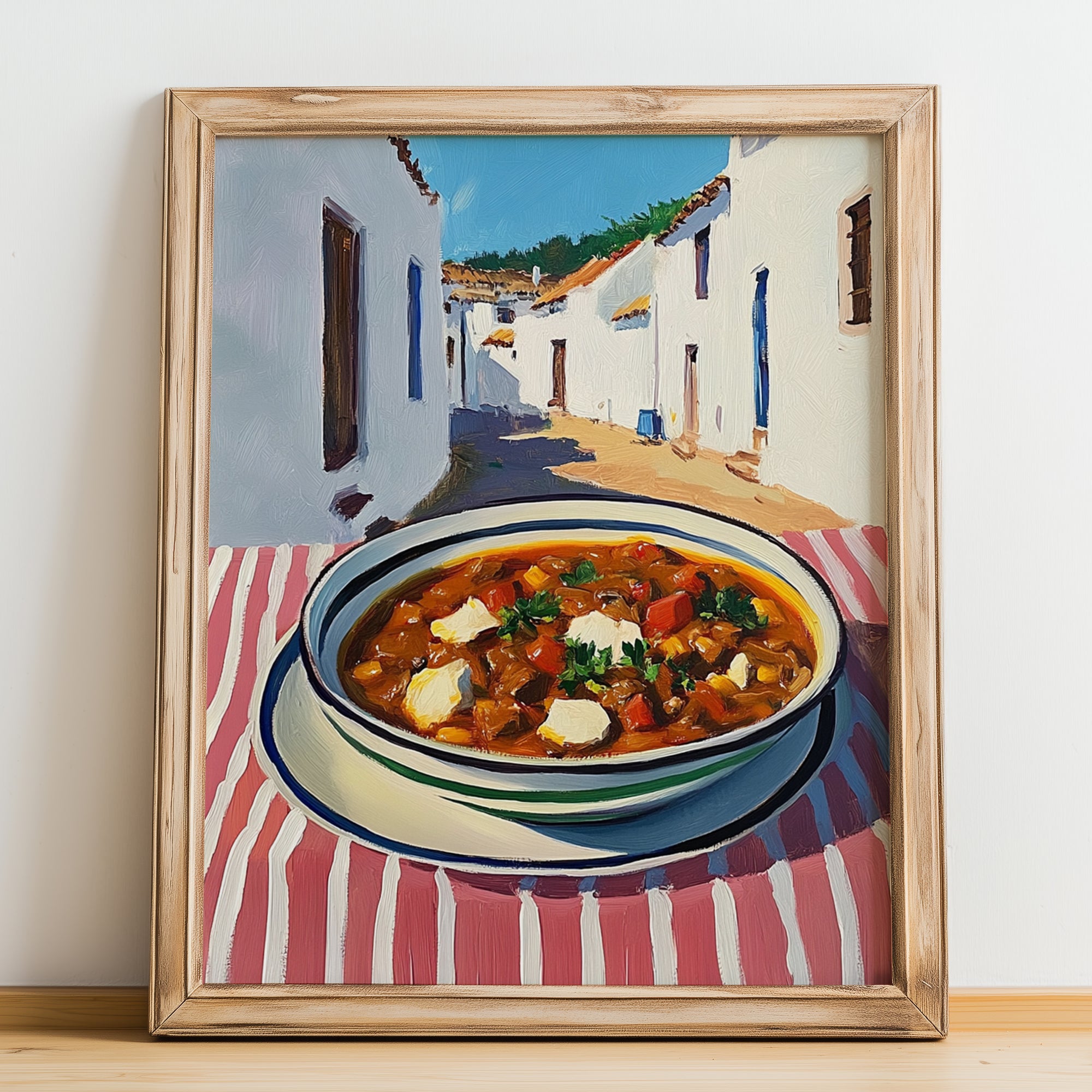 Goulash – White village Urban Café Scene, Hungarian Food Illustration, no-text version framed in wood