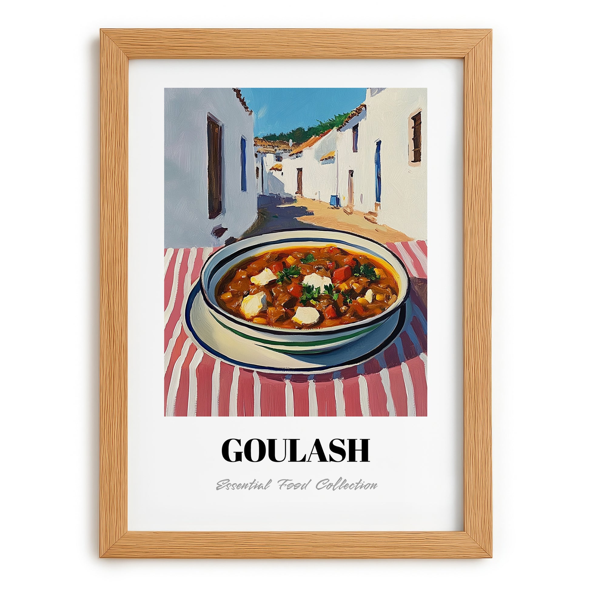 Goulash – White village Urban Café Scene, Hungarian Food Illustration, set in oak frame
