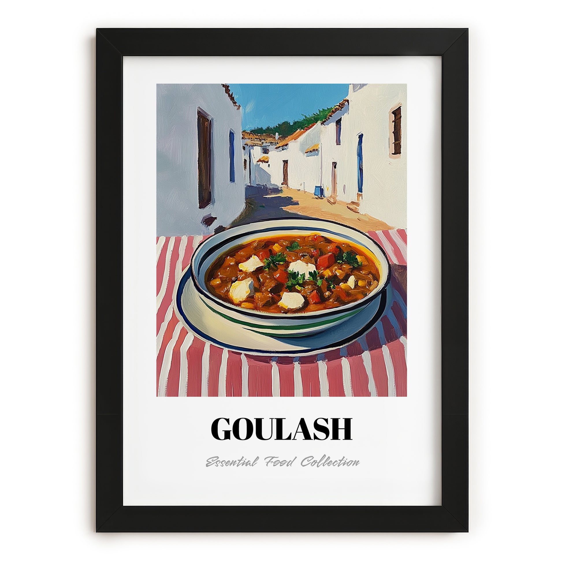 Goulash – White village Urban Café Scene, Hungarian Food Illustration, in sleek black frame