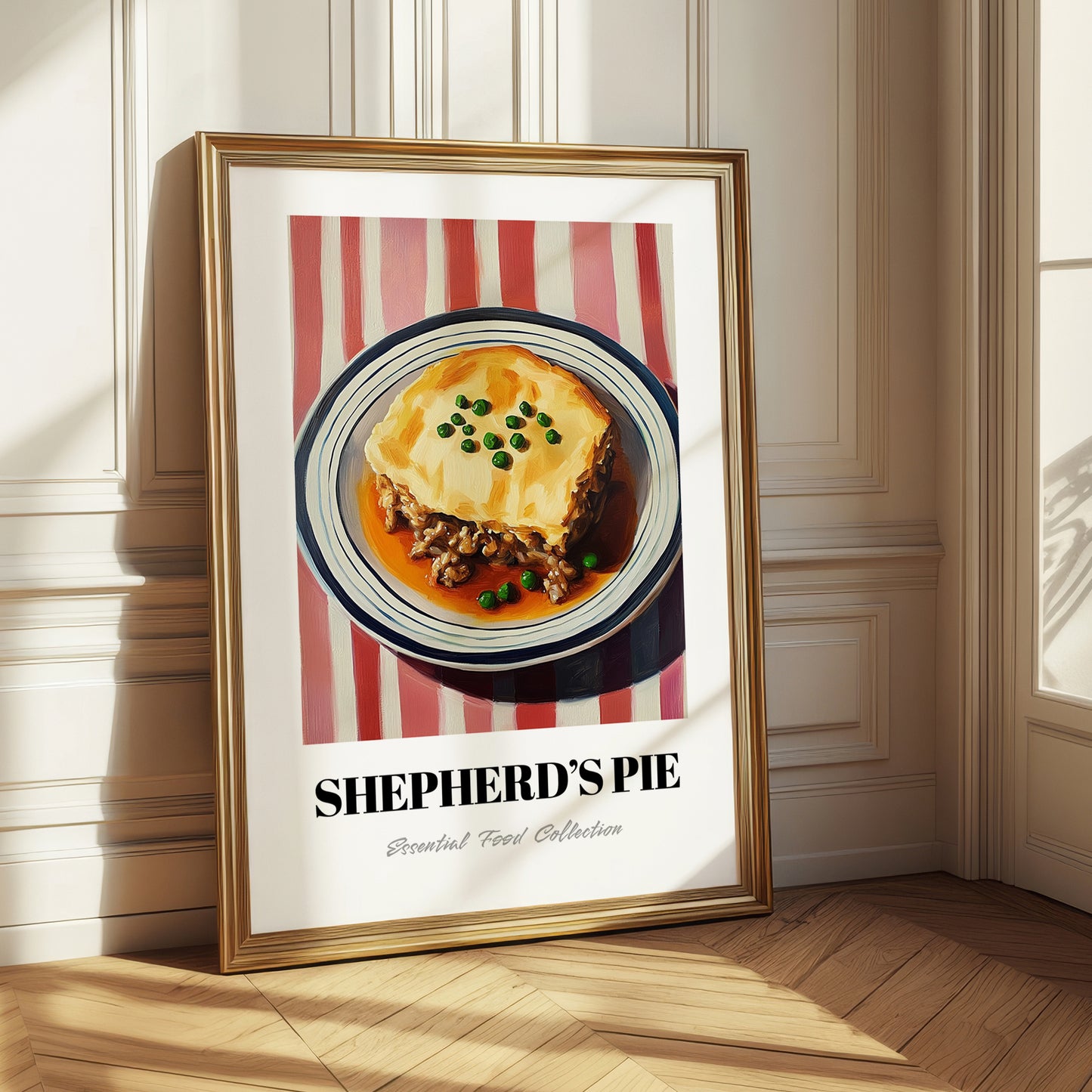Shepherd’s Pie – on Striped Tablecloth, British Food Poster