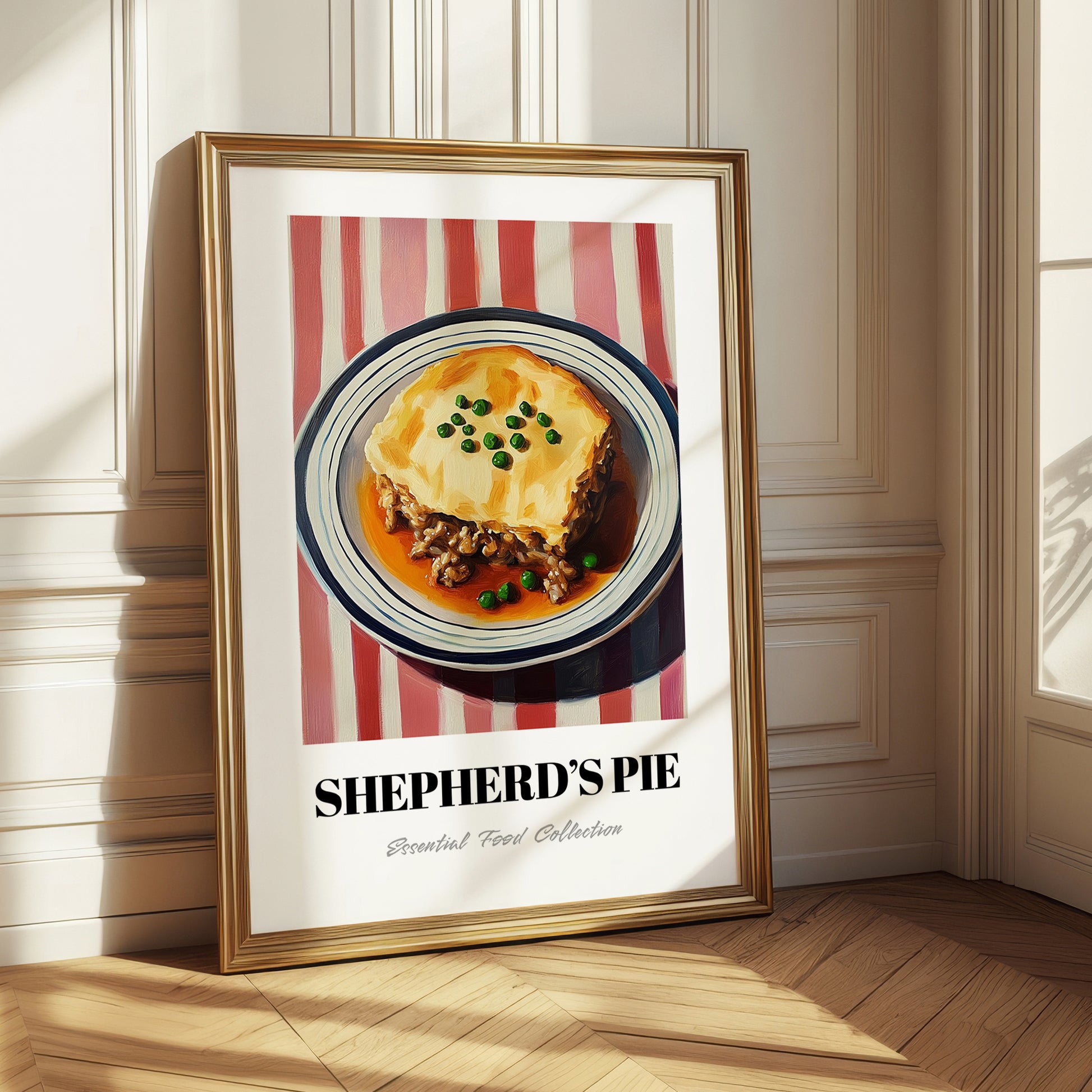 Shepherd’s Pie – on Striped Tablecloth, British Food Poster