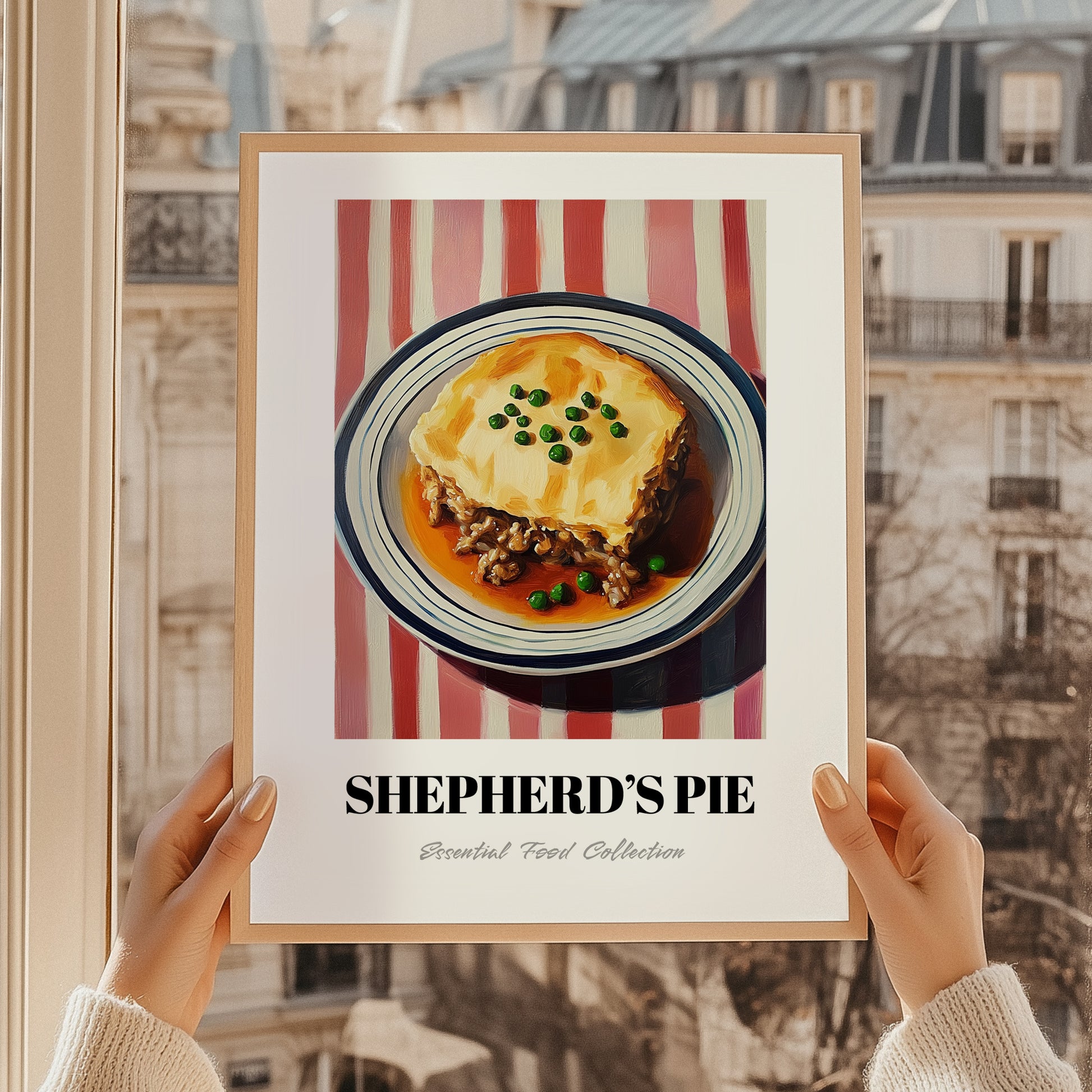 Shepherd’s Pie – on Striped Tablecloth, British Food Poster, styled in a charming Paris street view