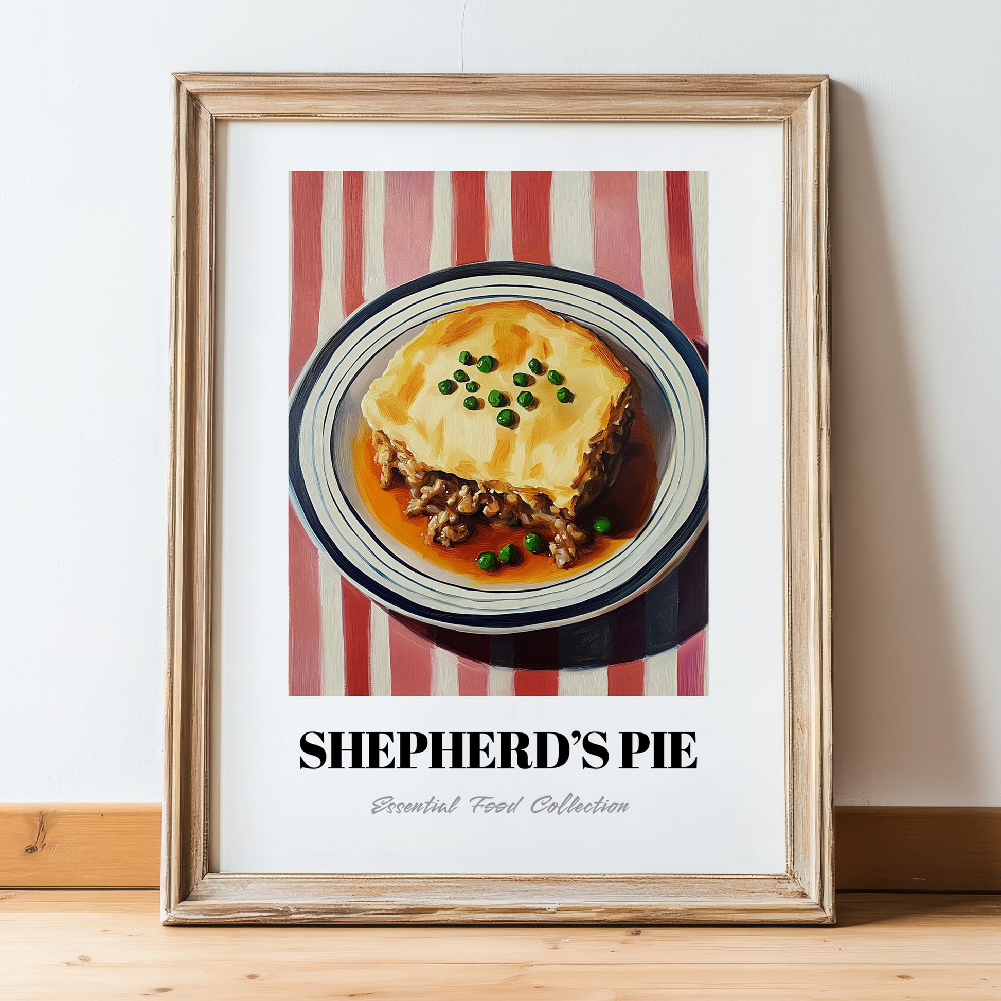 Shepherd’s Pie – on Striped Tablecloth, British Food Poster, in wooden frame leaning on the floor