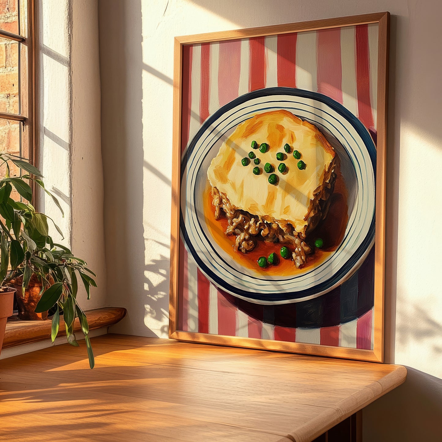 Shepherd’s Pie – on Striped Tablecloth, British Food Poster, clean layout with no caption