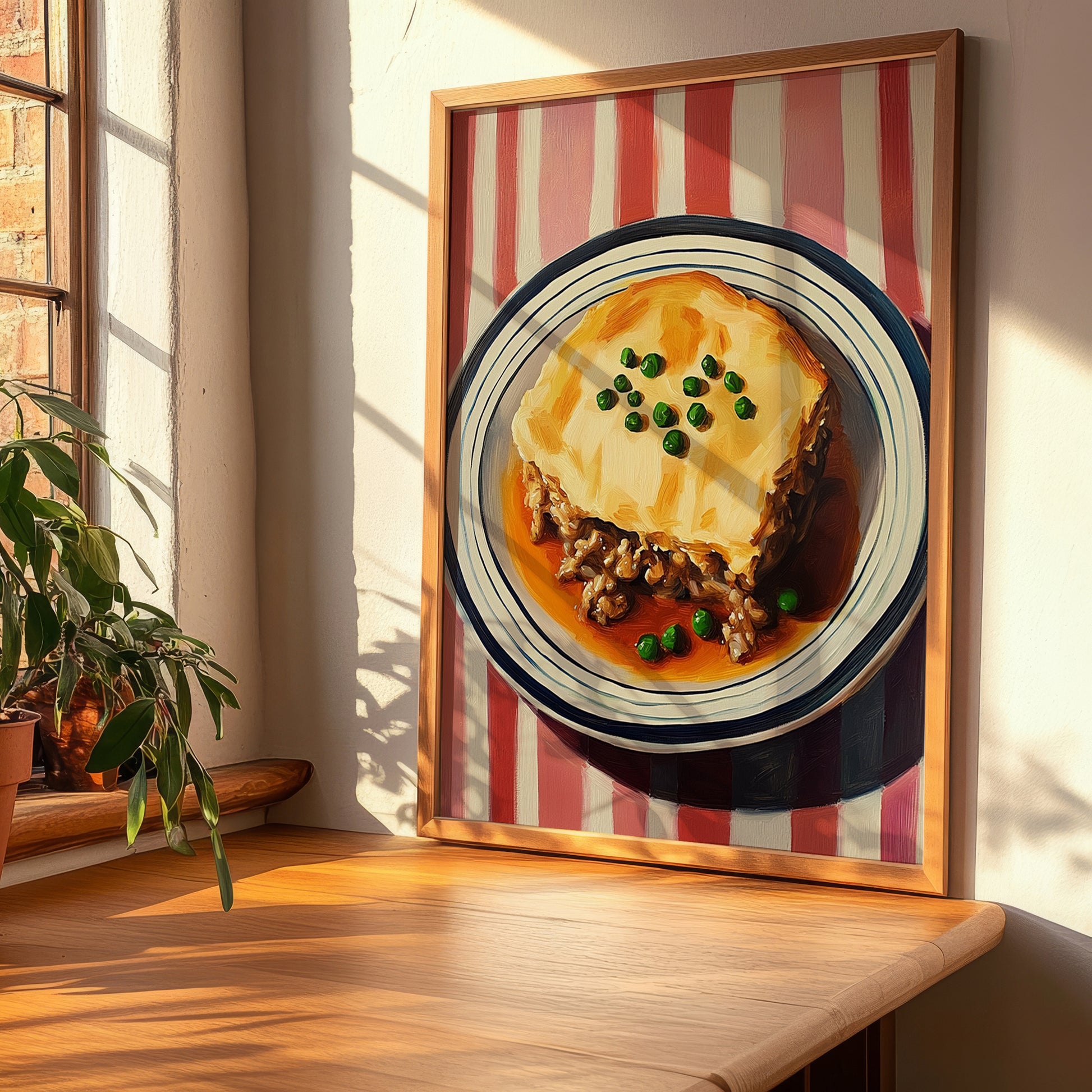 Shepherd’s Pie – on Striped Tablecloth, British Food Poster, clean layout with no caption