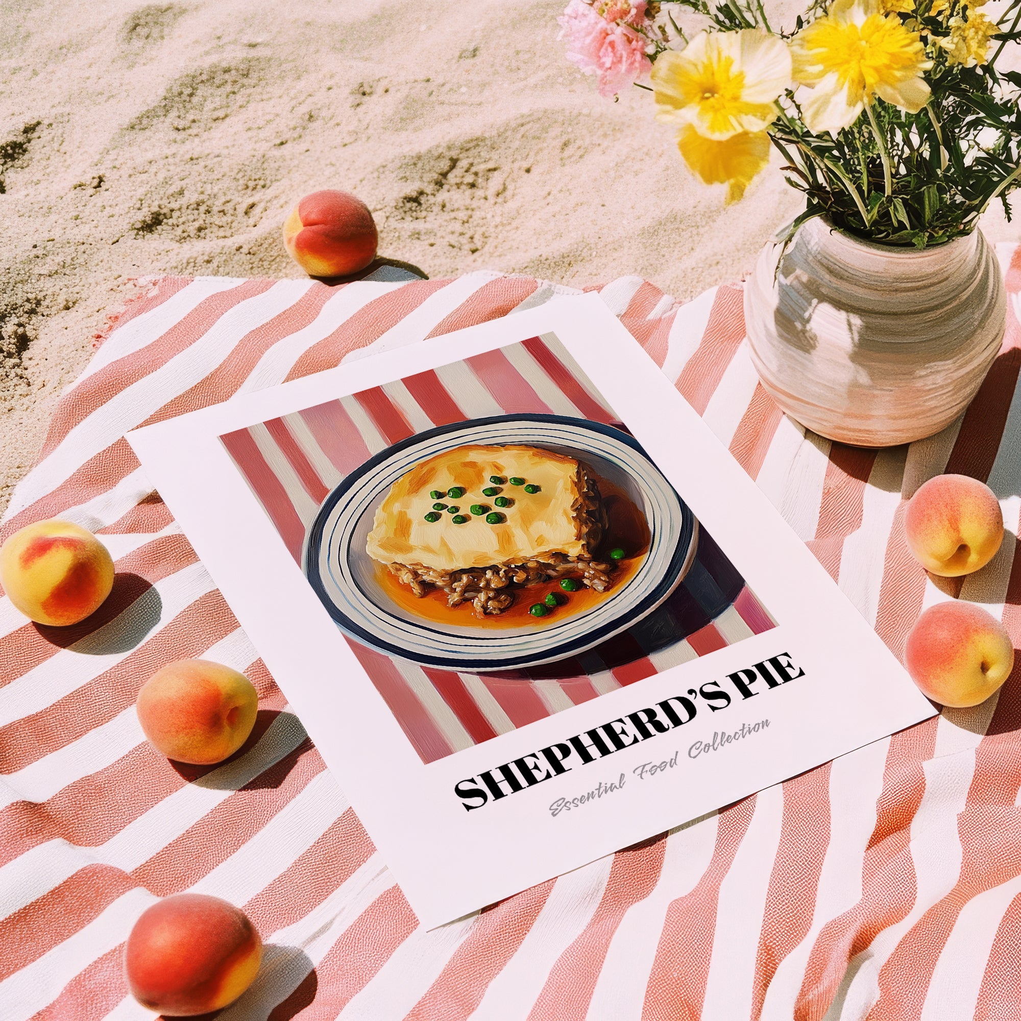 Shepherd’s Pie – on Striped Tablecloth, British Food Poster, unframed on coastal sand