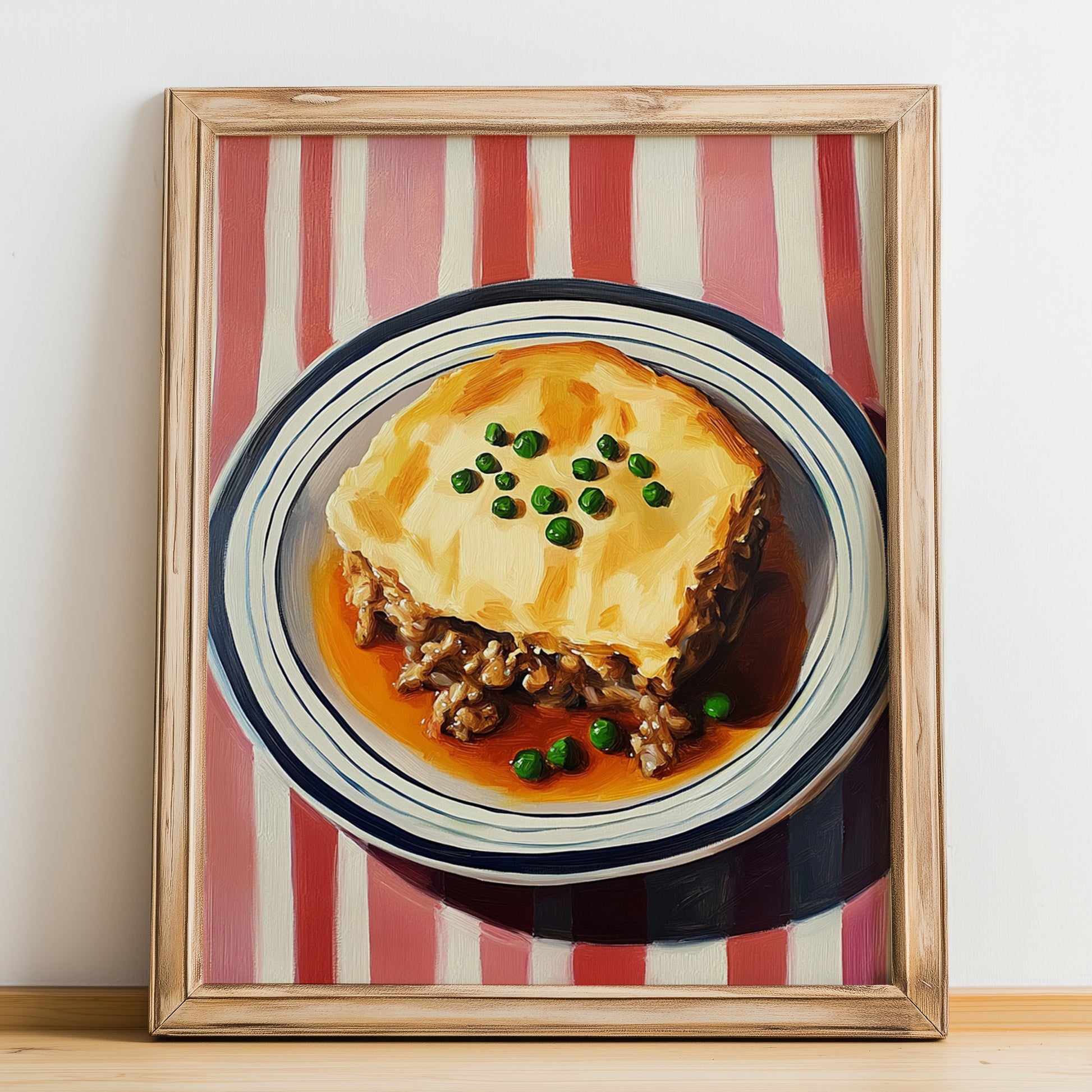 Shepherd’s Pie – on Striped Tablecloth, British Food Poster, no-text version framed in wood